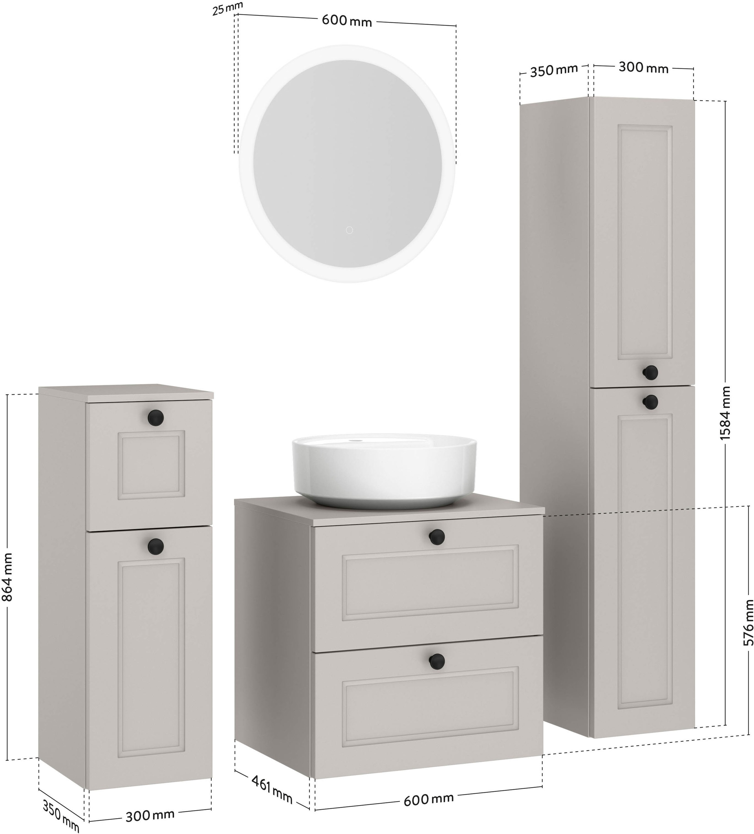 nobilia® Badmöbel-Set »Cascada« Set, inkl.  Aufsatzwaschbecken und beleuchtetem  Spiegel mit Touch-Sensor, 4 Stk. tlg.