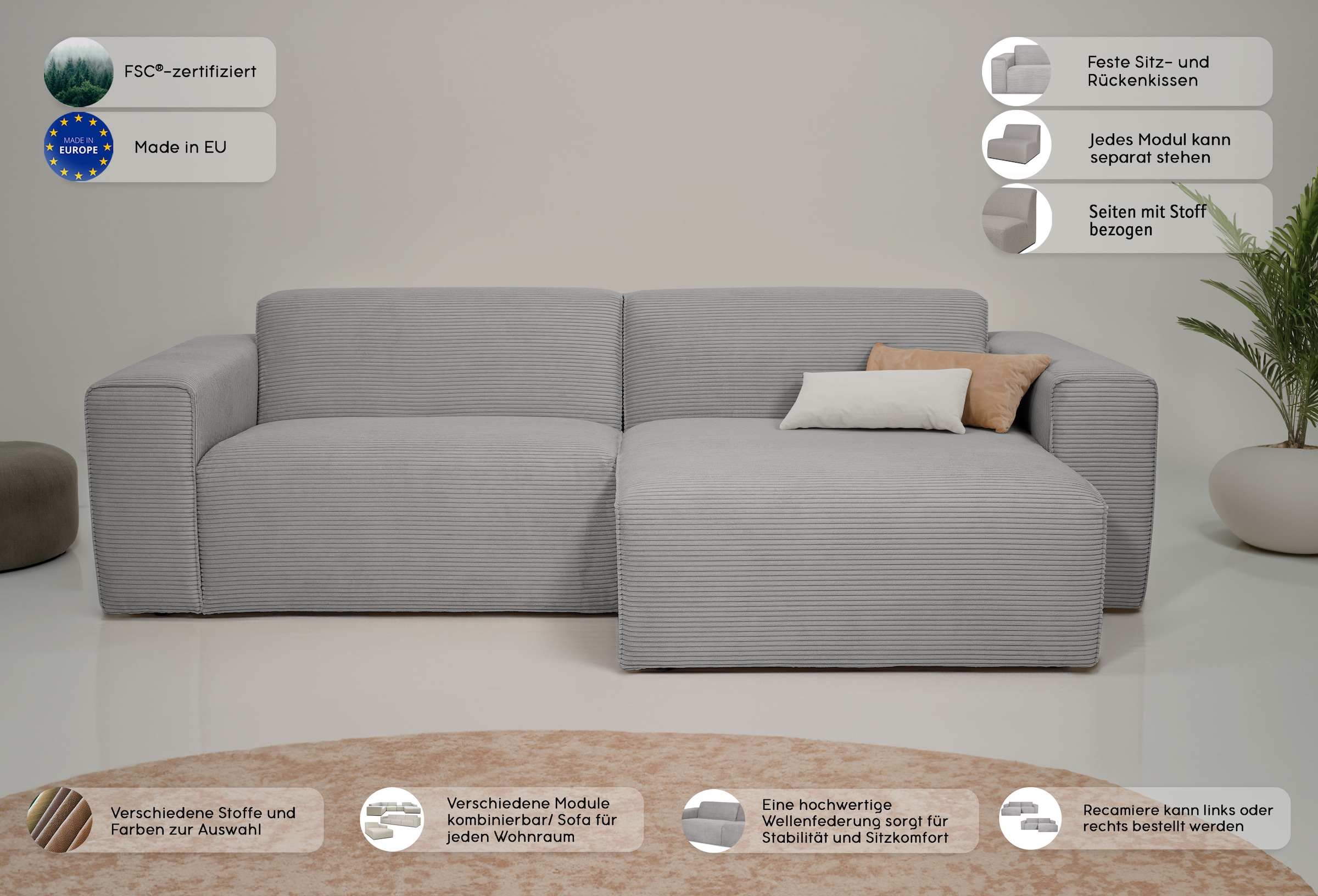 INOSIGN Ecksofa »Koa,228cm, L-Form, Modulsofa, Webstoff, Cord«, Designsofa in Cord, weicher Lounge-Sitzkomfort