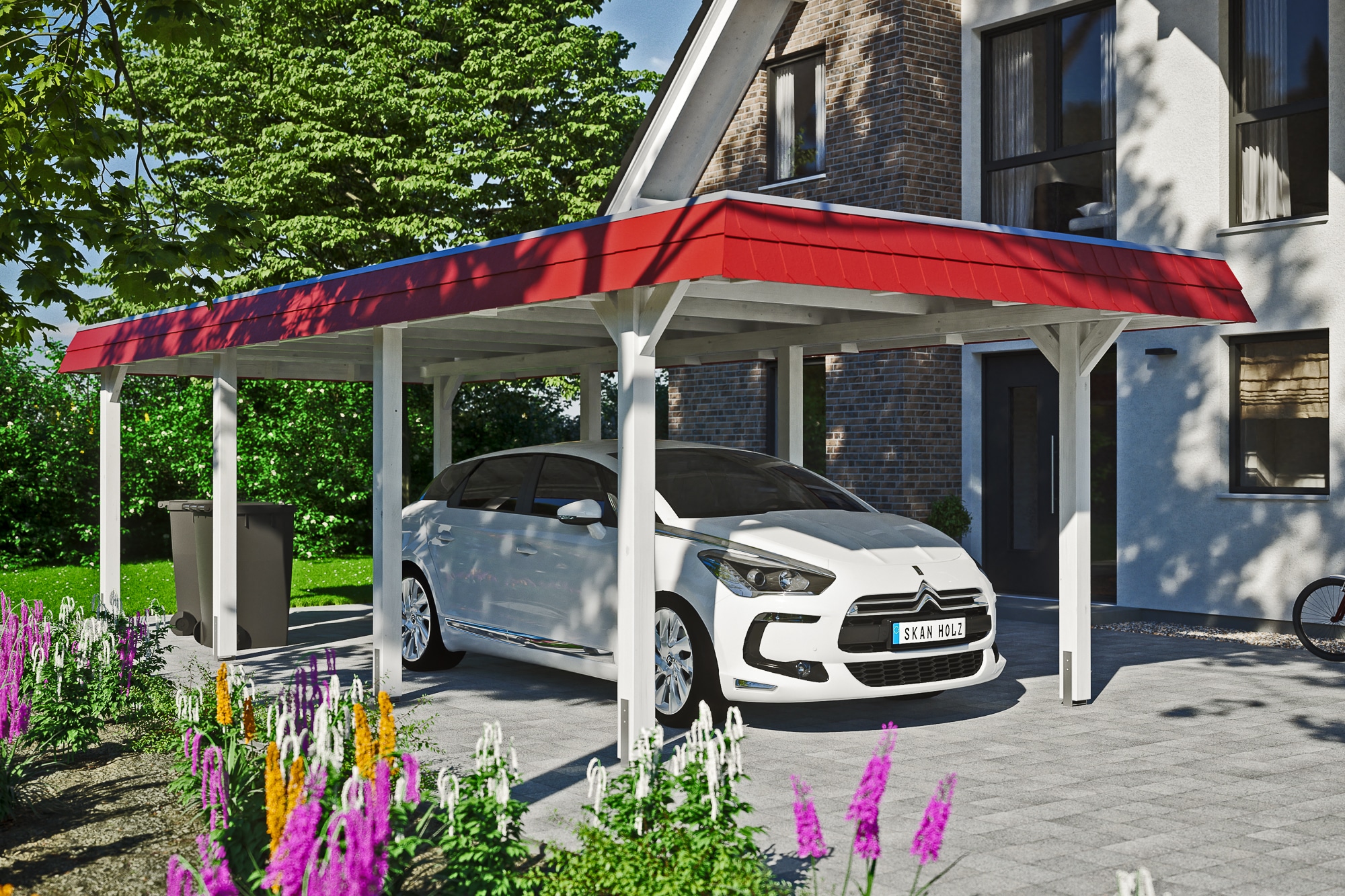 Skanholz Einzelcarport »Wendland«, Leimholz-Fichte, 291 cm, Weiß, mit EPDM-Dach, rote Blende