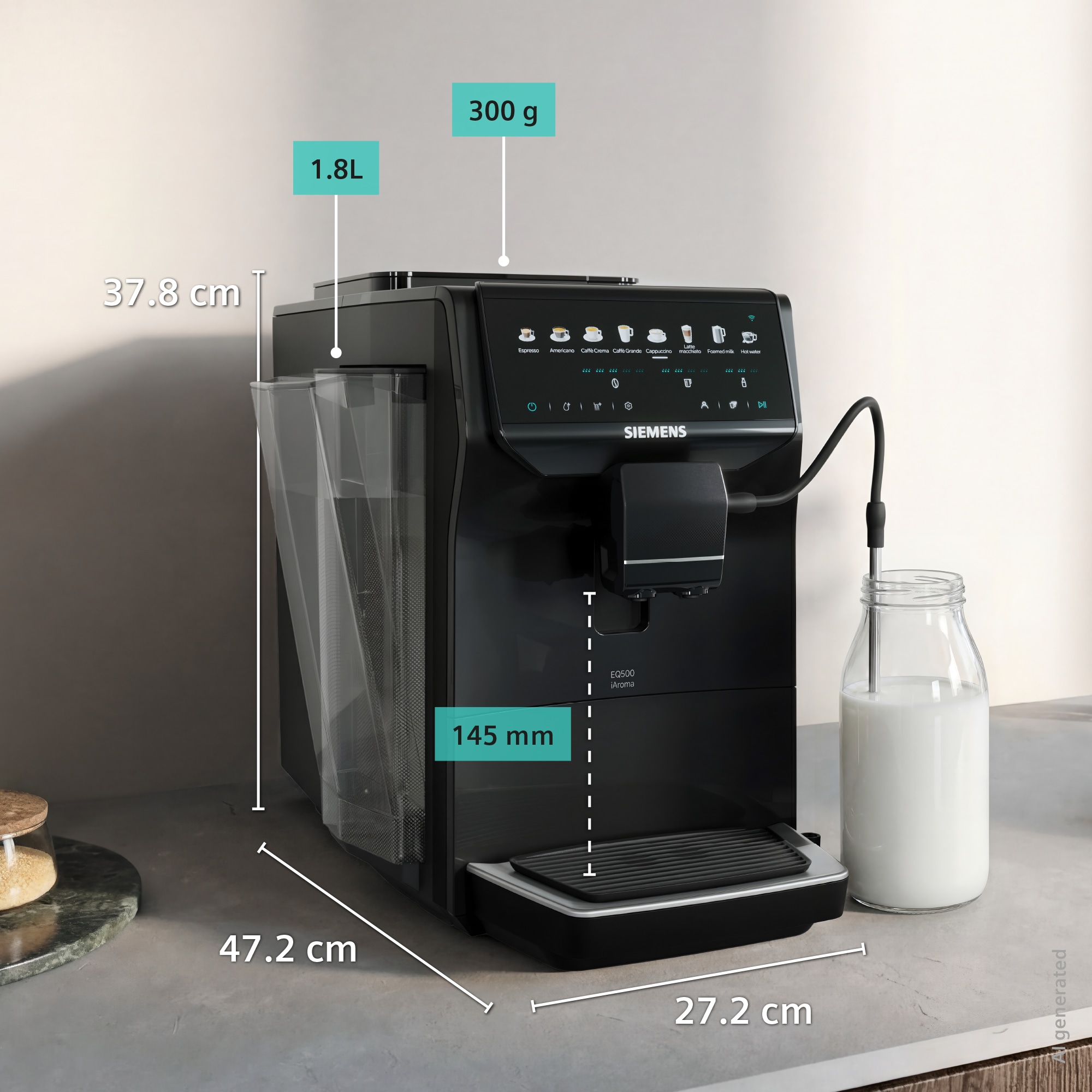 SIEMENS Kaffeevollautomat »EQ500 TP553E19, Doppeltassenfunktion, 8 Getränke, farb. Touchdisplay« Keramikmahlwerk, entnehmbare Brüheinheit, Steuerung per App, Schwarz