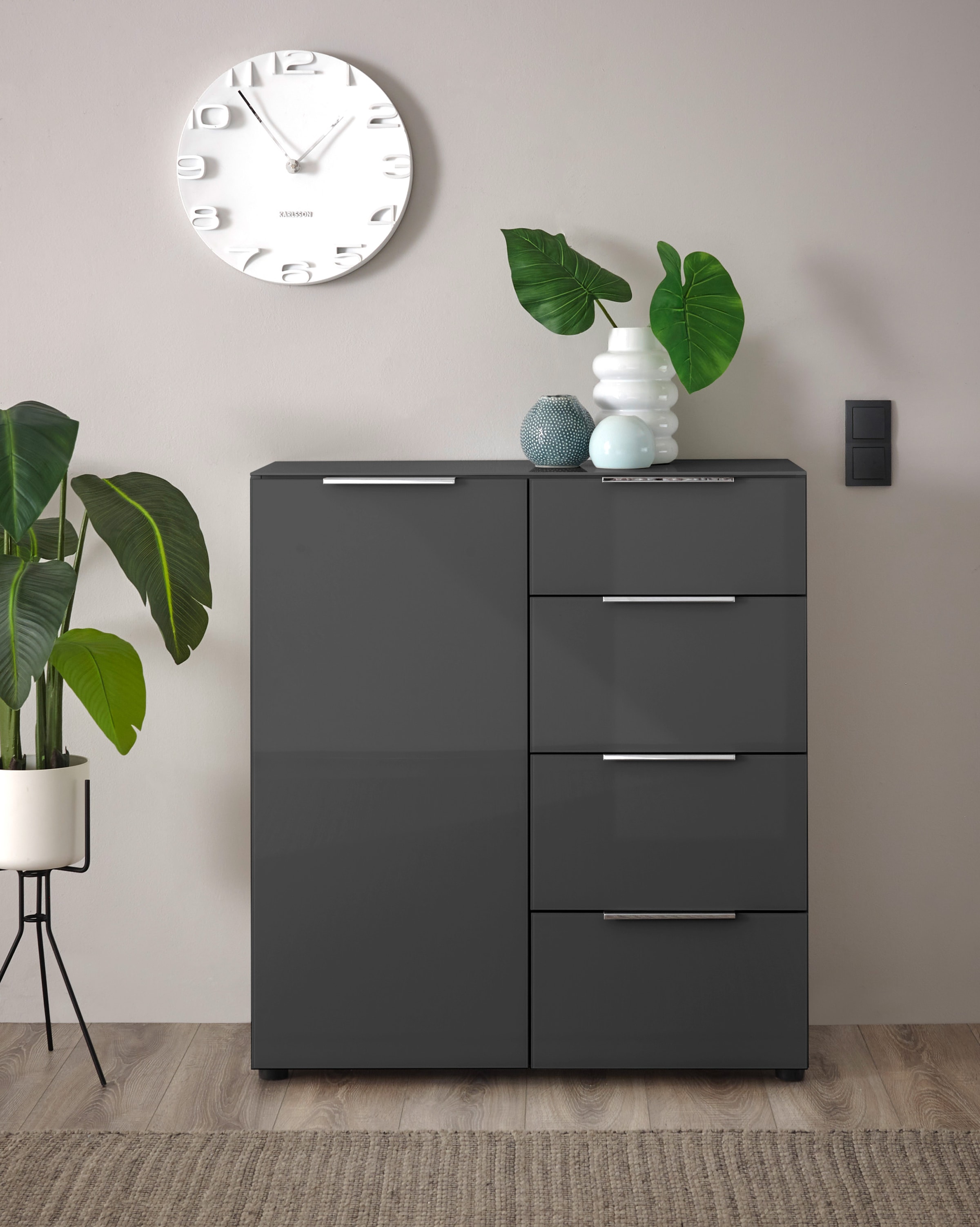HBZ Sideboard »Santorin Mehrzweckschrank-Universalschrank, BxHxT 90x99x40 cm«, (1 St.), Mit 1 Tür und 4 Schubkästen mit Softclose, Glasfront und Glasoberboden