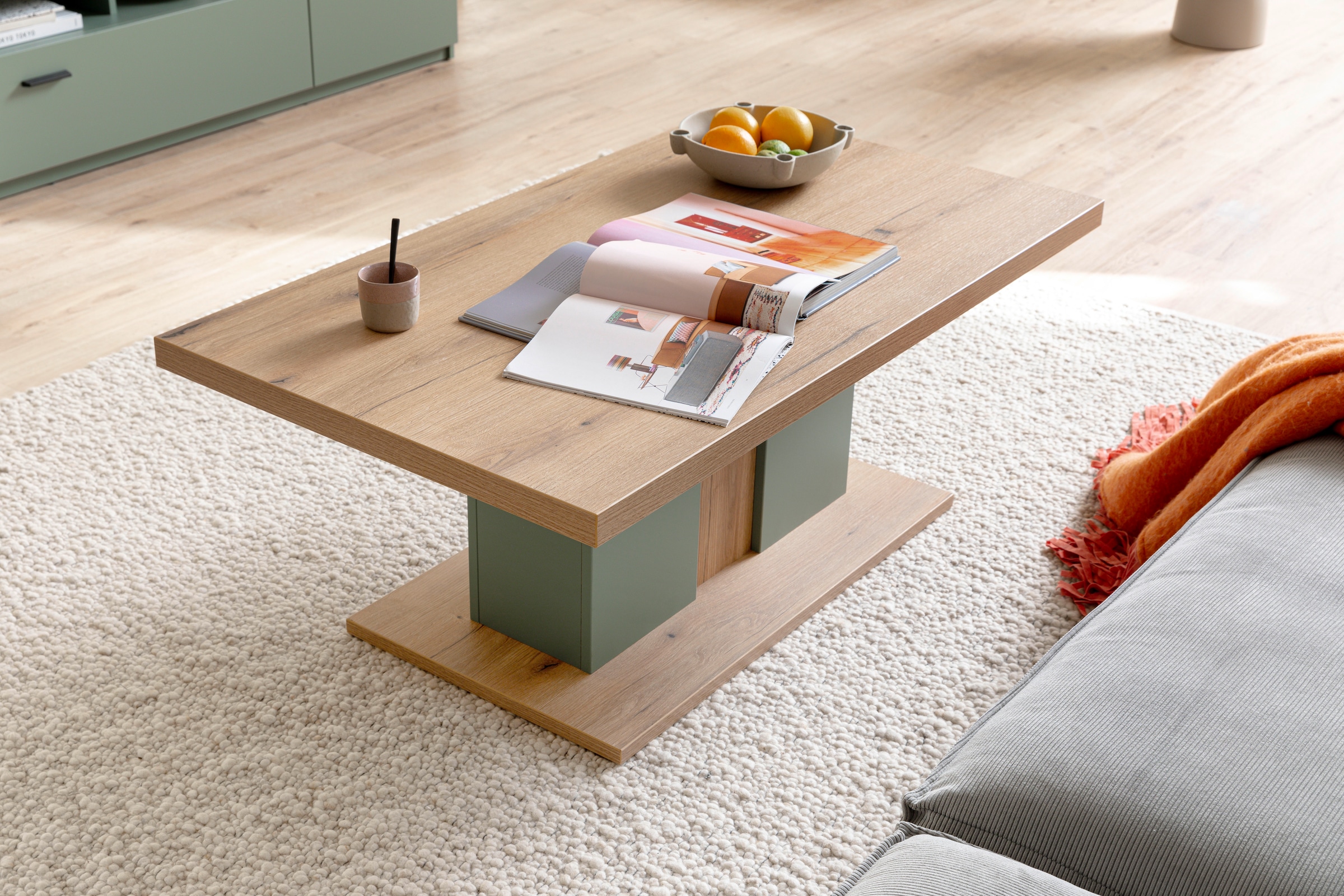 MCA furniture Couchtisch »Moniz Couchtisch mit Bodenplatte«, (1 St.), Wohnzimmertisch,Eiche,Salbeigrün,mit Säule,belastbar 50kg,Breite 115cm