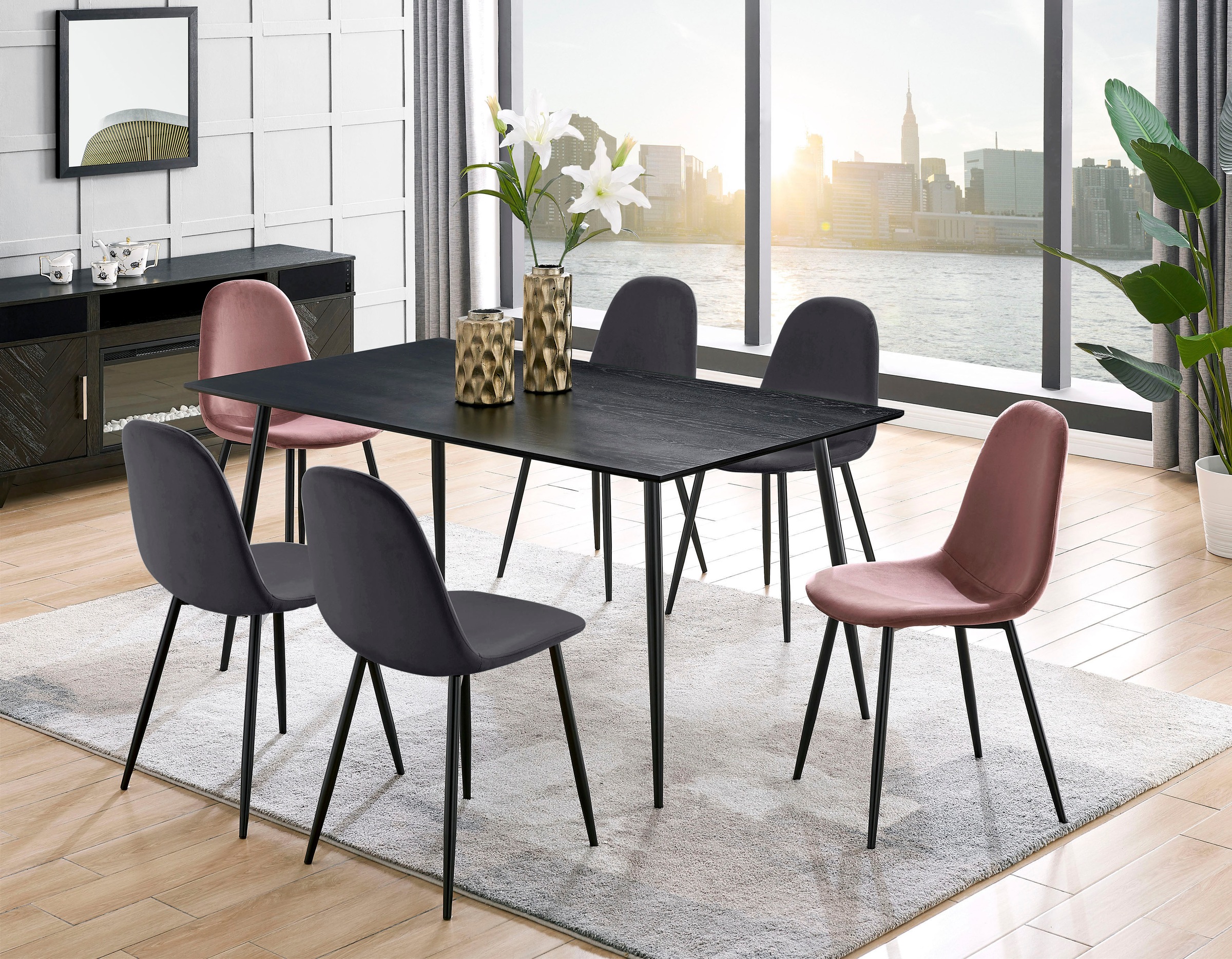 Leonique Essgruppe »Eadwine, TOPSELLER! Tisch plus 4 Stühle, Sitzgruppe«, (Set, 5 tlg., Esstisch plus 4 Esszimmerstühle), bestehend aus Esstisch 160 cm und 4 Esszimmerstühlen, Polsterstühlen