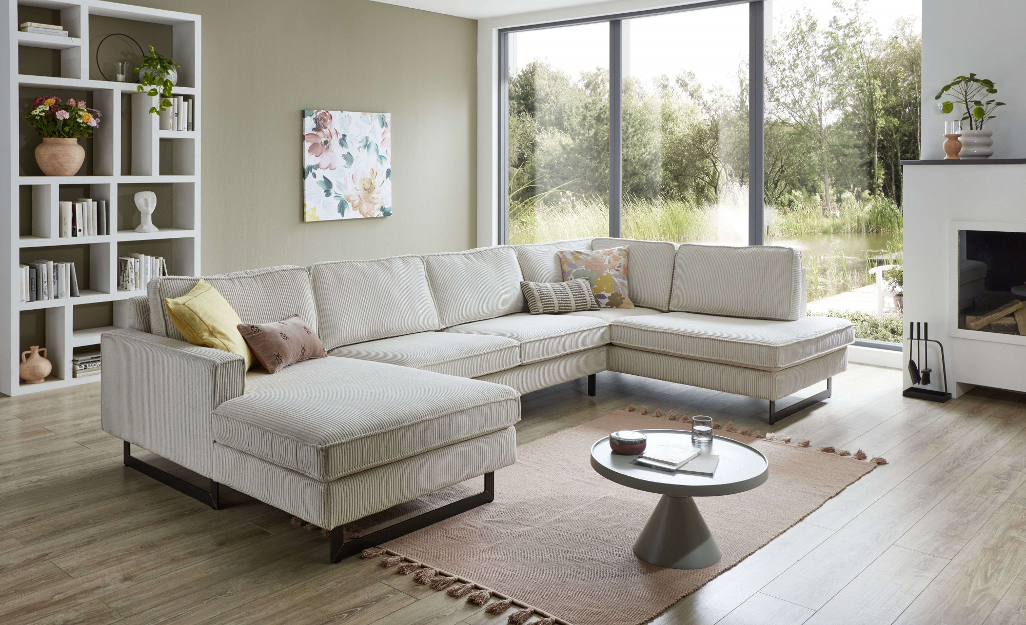 OTTO home Wohnlandschaft "Pinto, 350 cm, U-Form, XXL, mit Ottomanen" Cord, Chenille, Lederoptik, mit Keder, Metallfüße, Wellenunterfederung