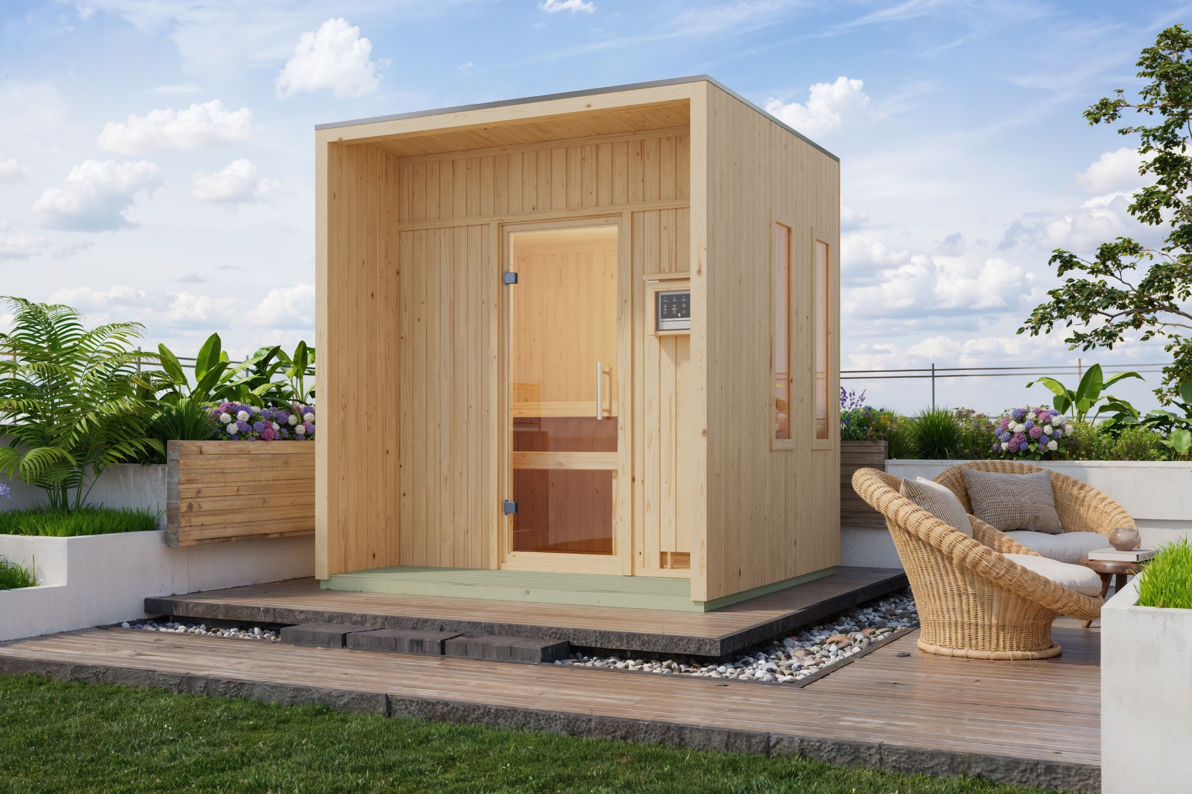 KARIBU Saunahaus ""Arcodia" naturbelassen", Bio-Kombiofen, externe Steuerung, 400 kWnaturbelassen, Saunen, aus hochwertiger nordischer Fichte