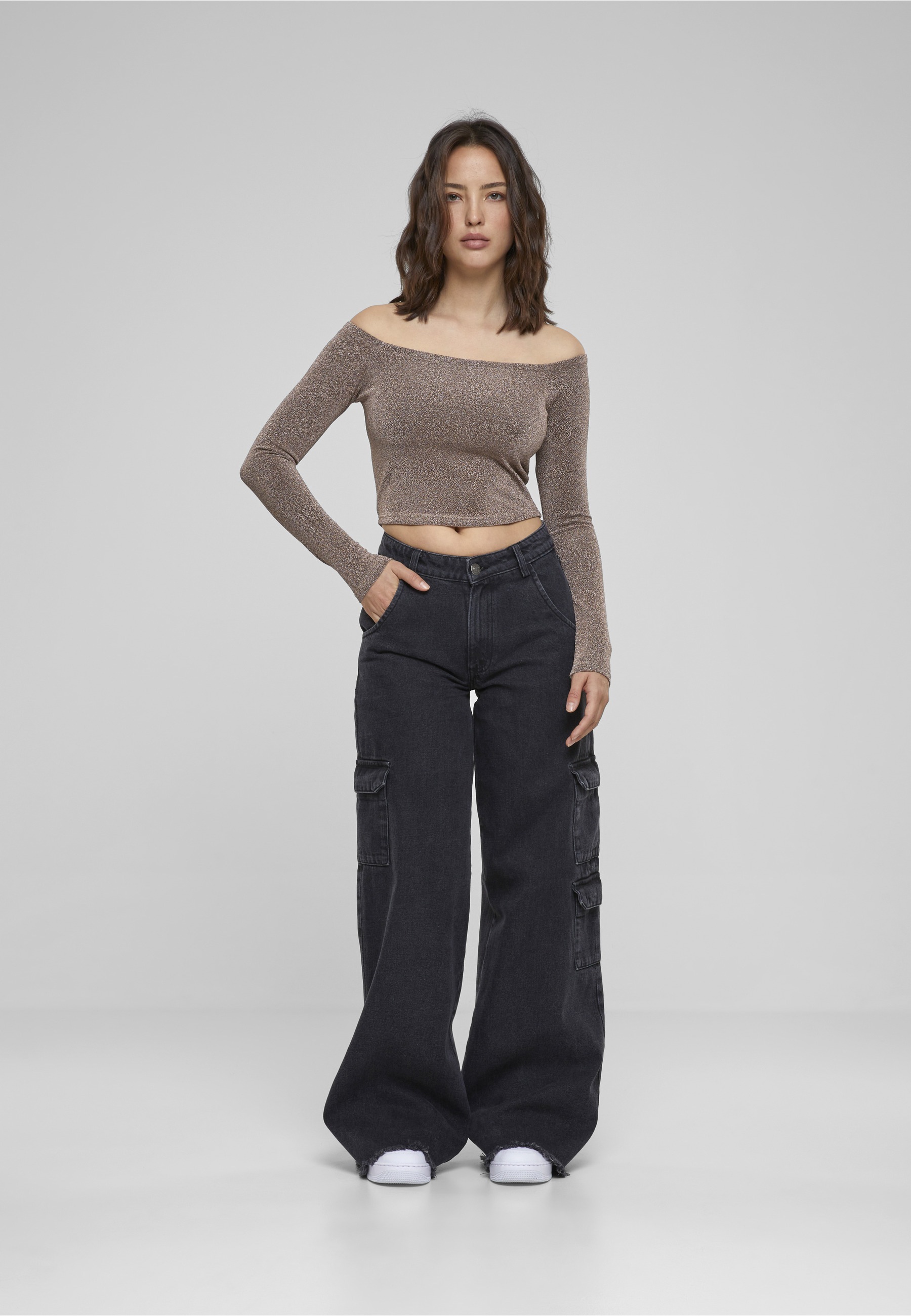 URBAN CLASSICS Longsleeve »Urban Classics Damen Ladies Off Shoulder Glitter Longsleeve« 1 Stk.