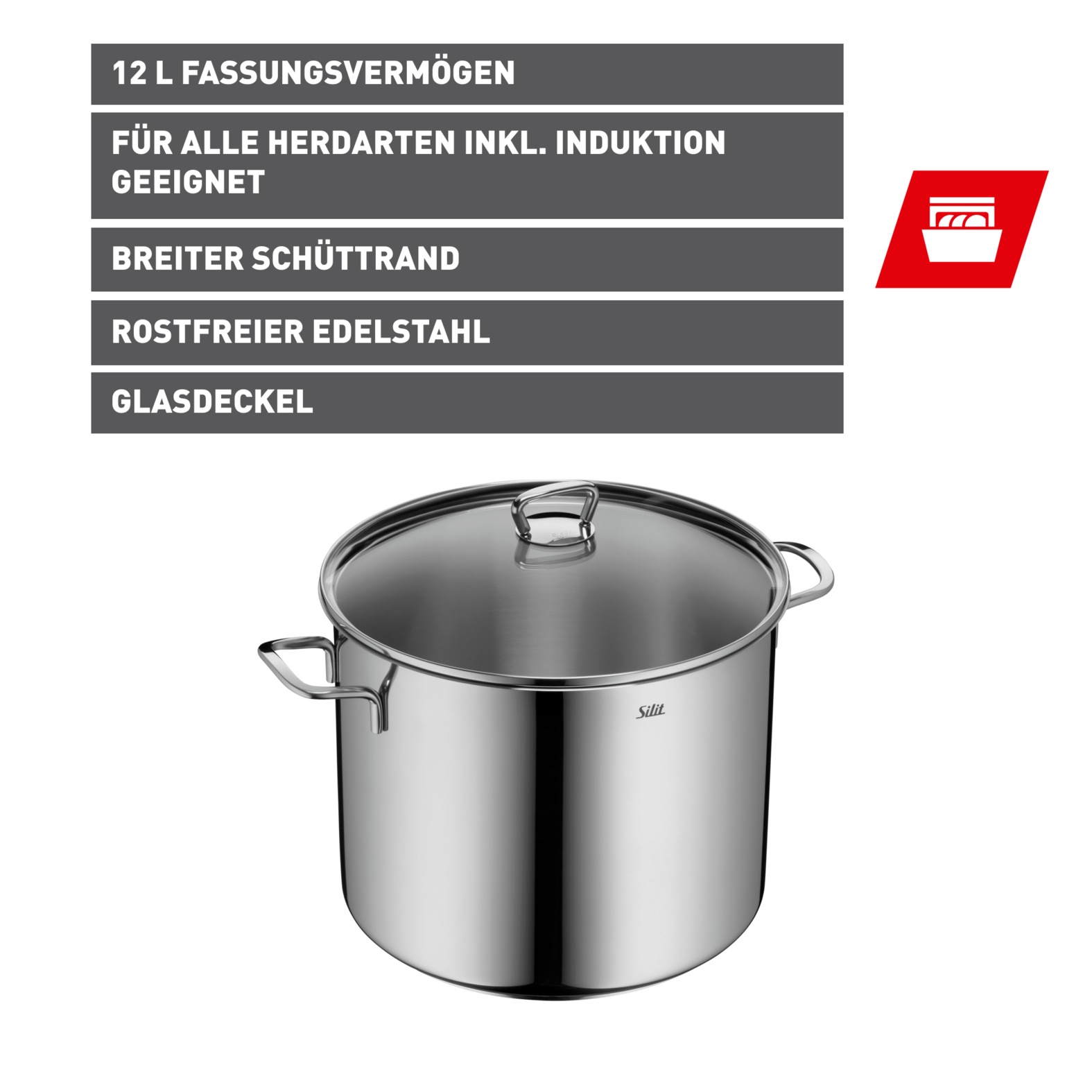 Silit Gemüsetopf »Suppentopf Induktion mit Glasdeckel«, Cromargan® Edelstahl Rostfrei 18/10, (Set, 2 tlg.), für alle Herdarten geeignet, Kochtopf mit extra hohem Rand 12l