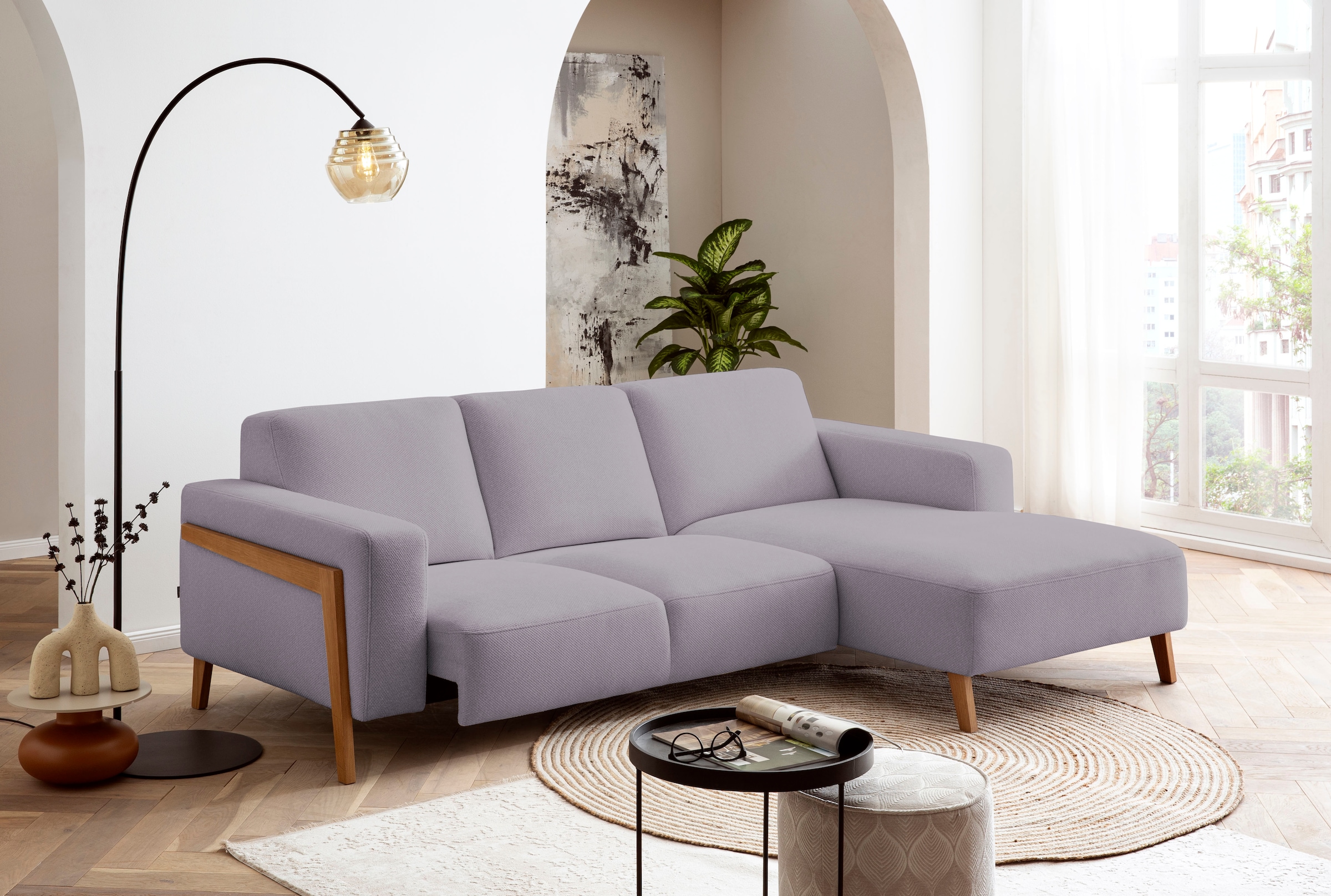 exxpo - sofa fashion Ecksofa »Starr, modern und klassisches Design, hochwertige Verarbeitung, bequem«, L-Form, wahlw. elektrische Sitztiefenverstellung, Massivholzfüße