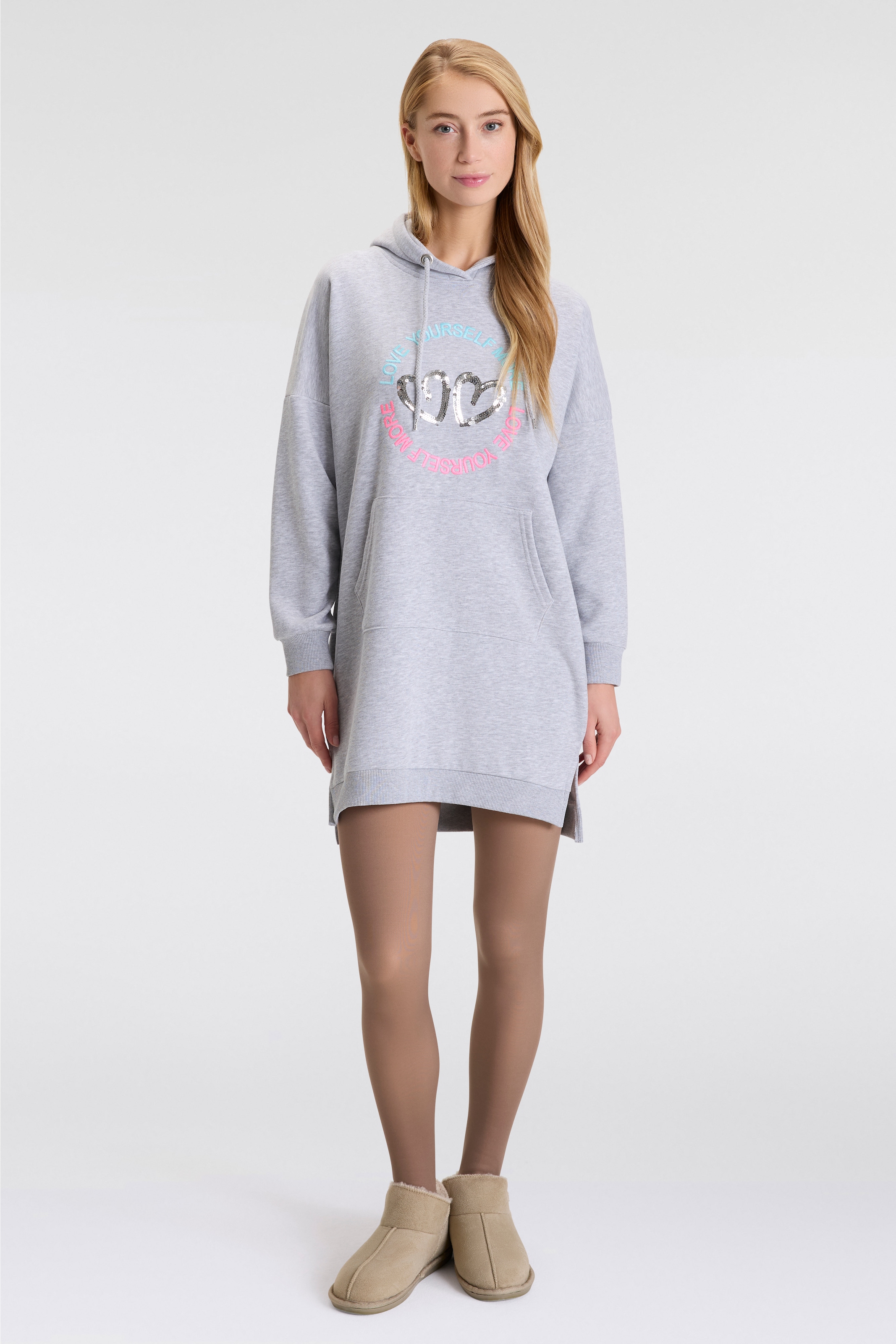 Zwillingsherz Sweatkleid ""Love Yourself More"" Kängurutasche mit Kapuze, Taschen, Front und Backmotiv und Pailletten