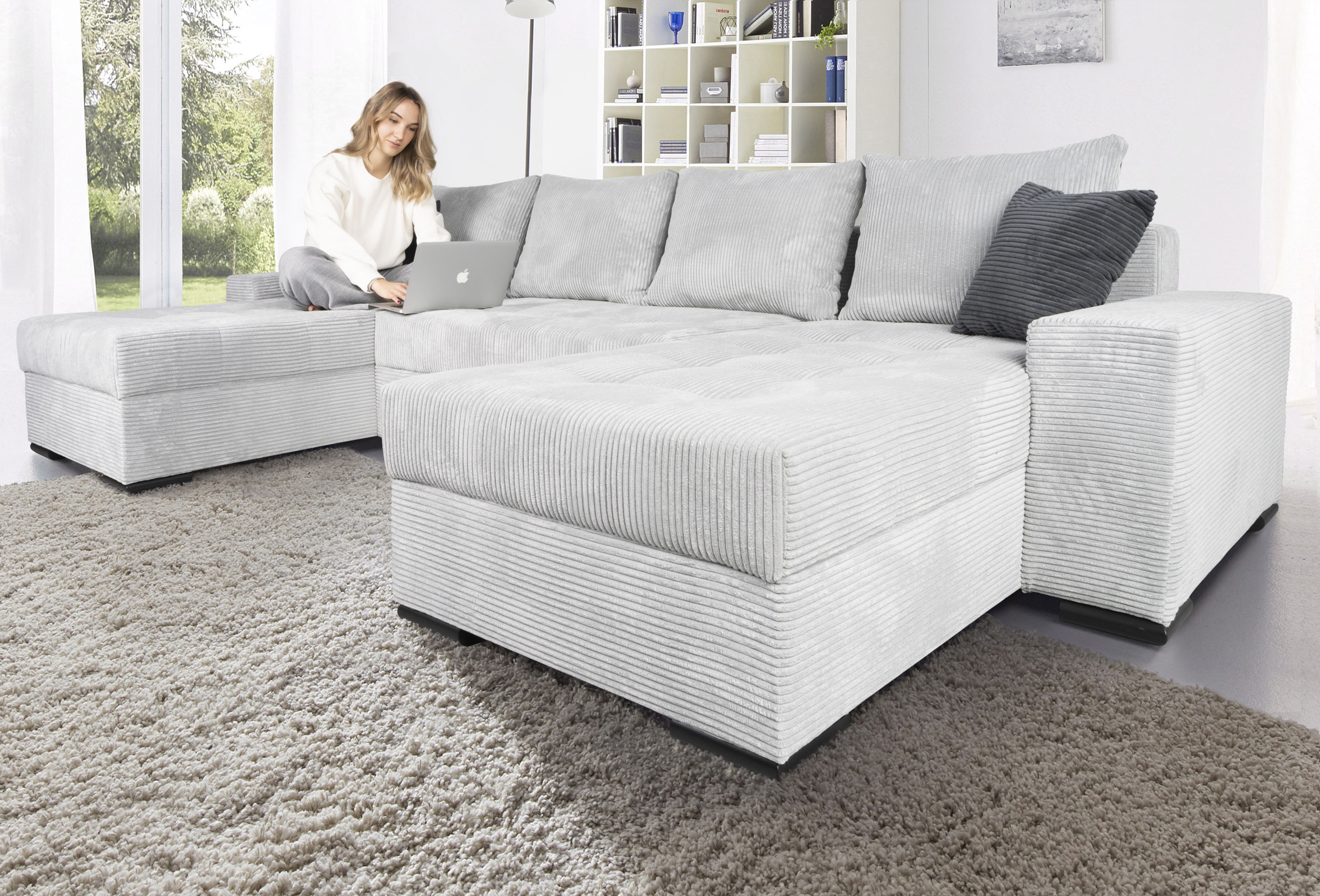 COLLECTION AB Wohnlandschaft "Josy XL U-Form, B: 313 cm in Cord, Cord-Mix" Schlaffunktion, Bettkasten & 2 Zierkissen, Federkern