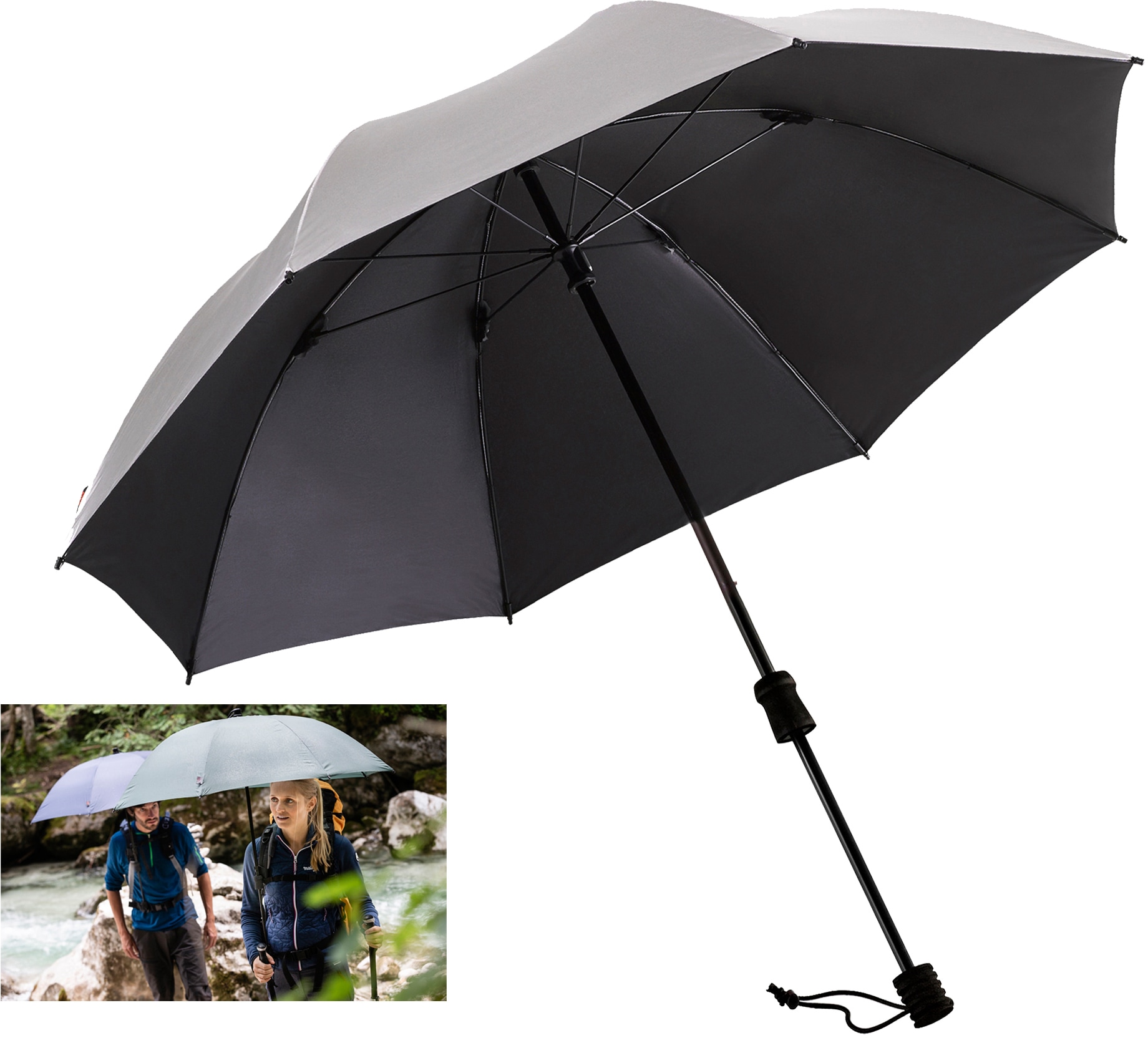 Stockregenschirm »Swing handsfree, silber«, verlängerbarer Schaft, handfrei tragbar...