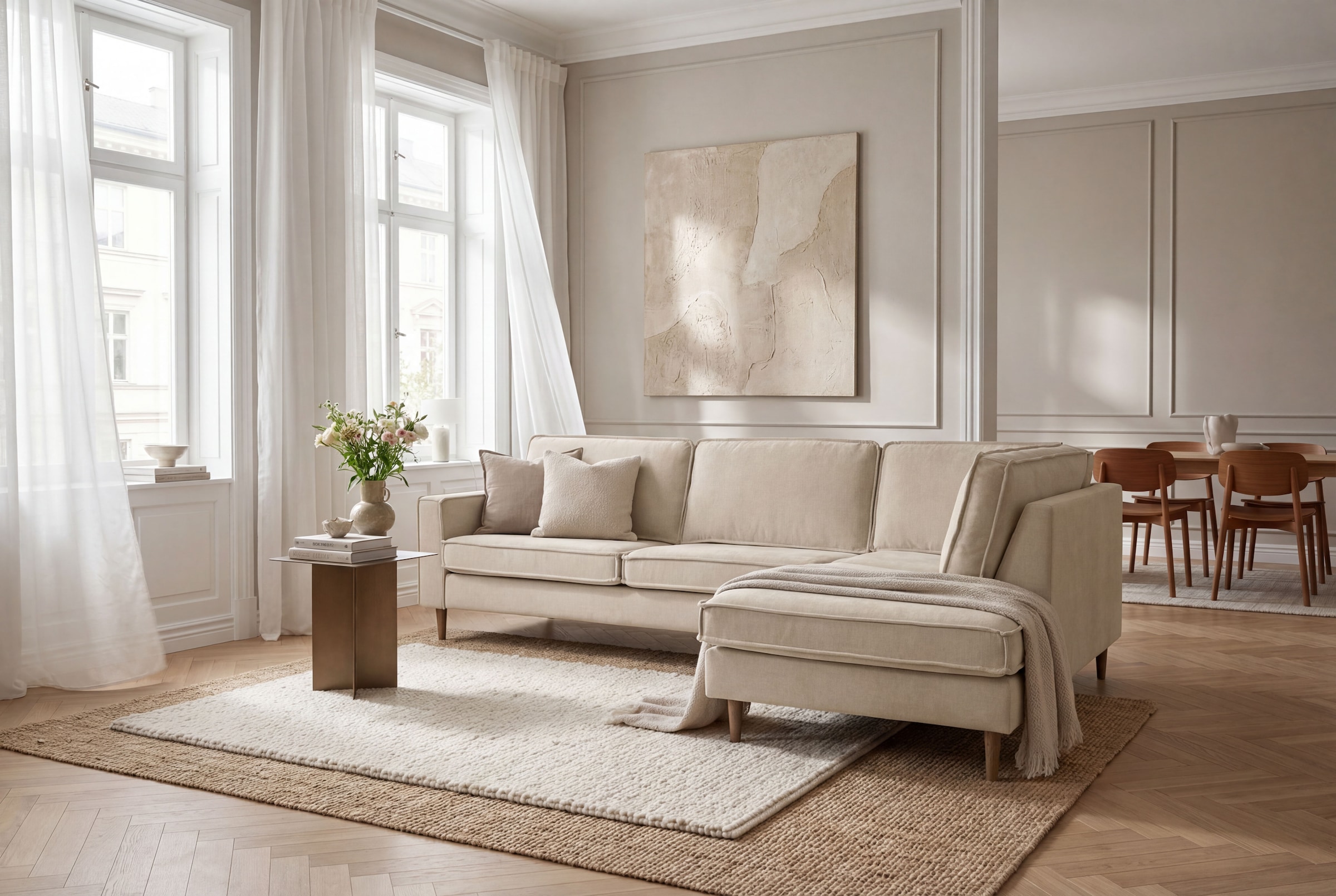 OTTO home Ecksofa "Pinto Skandi, 290 cm, Chenille, Struktur, Ottomane links / rechts" mit Keder, Massivholzfüße Eiche geräuchert, Wellenunterfederung