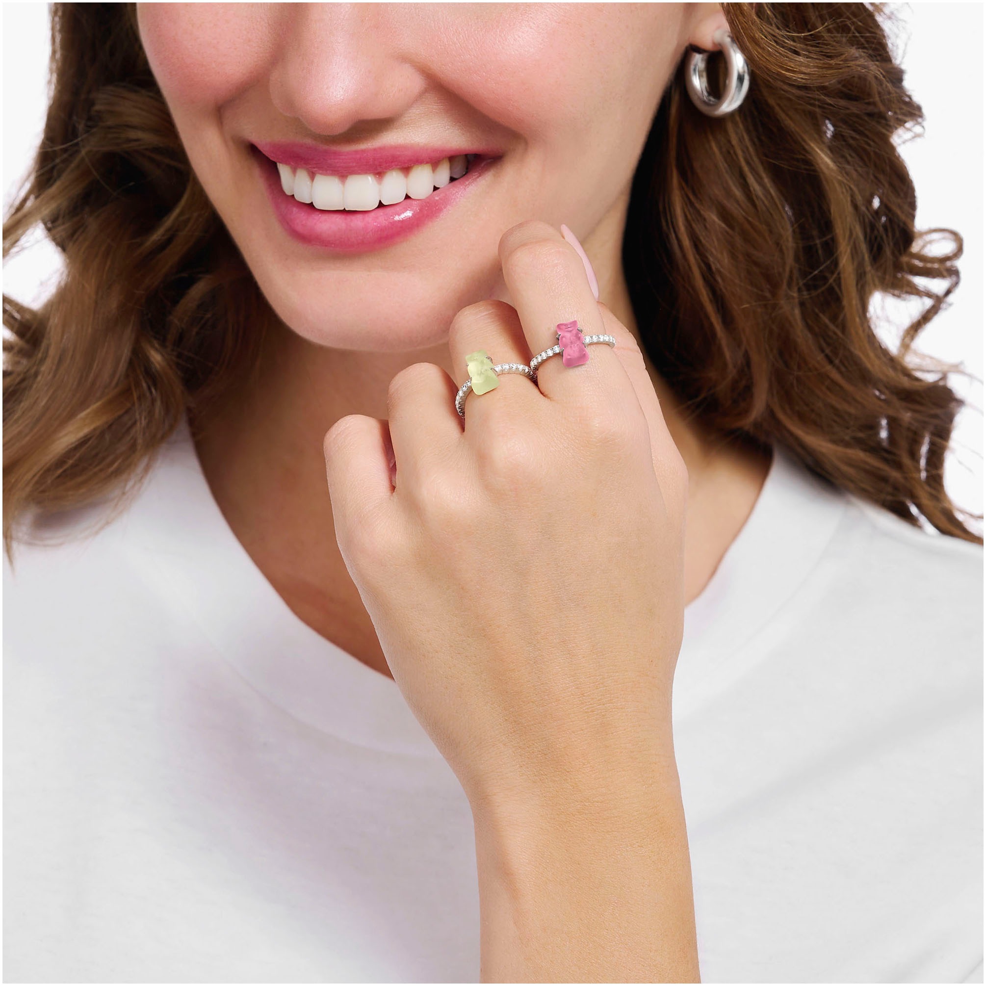 Fingerring THOMAS SABO "THOMAS SABO x HARIBO Schmuck: Ring mit Goldbär" Gr. 52, pink (silberfarben, pink, kristallweiß), Fingerringe, Damen, 52, Silber 925 (recycelt), 7mm, Fingerring, mit Kristallglas, Zirkonia (synth.) 2