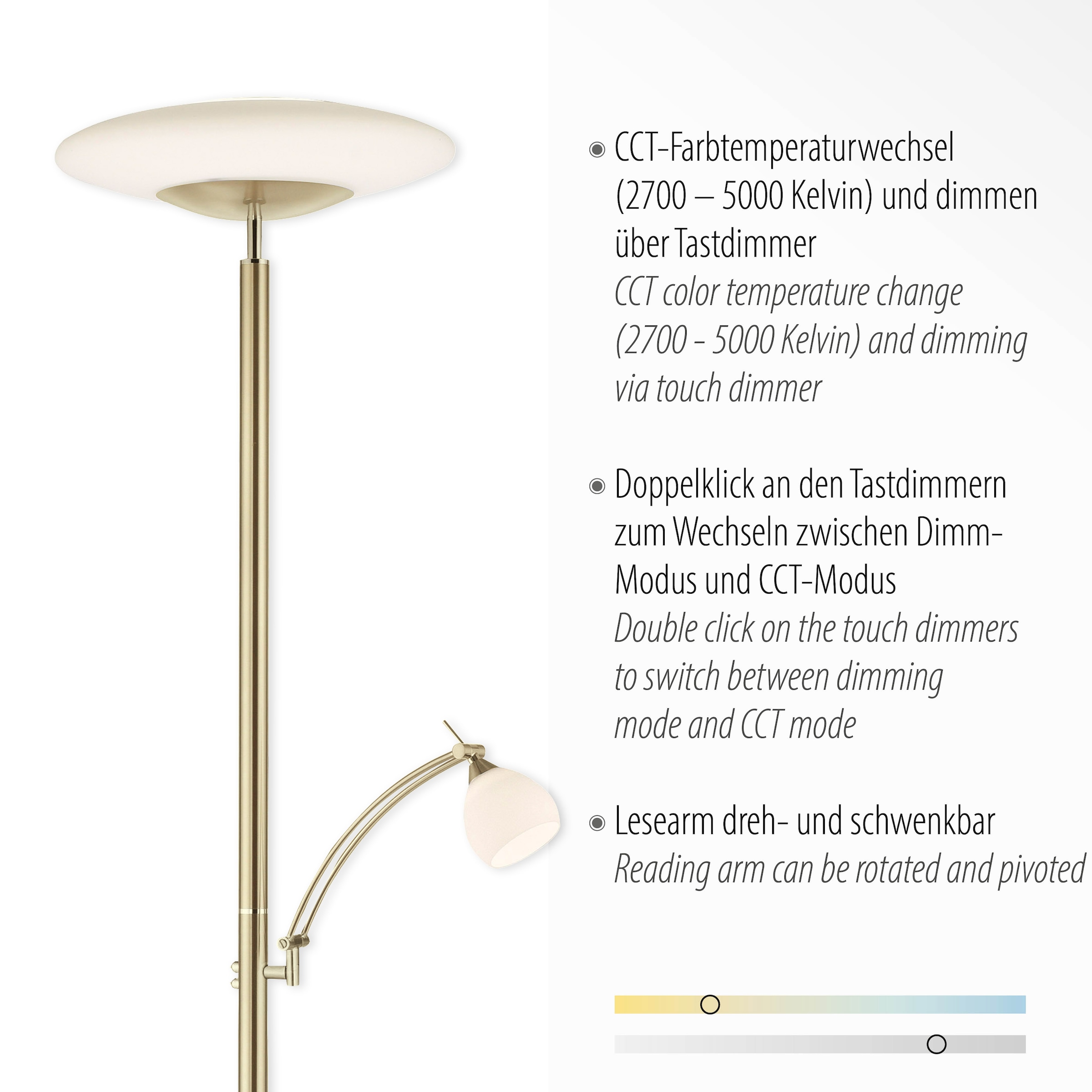 Stehlampe 2 - flammig-flammig, dimmbar Tastdimmer, Paul über LED, »TROJA«, BAUR white, Neuhaus tunable | Memory CCT