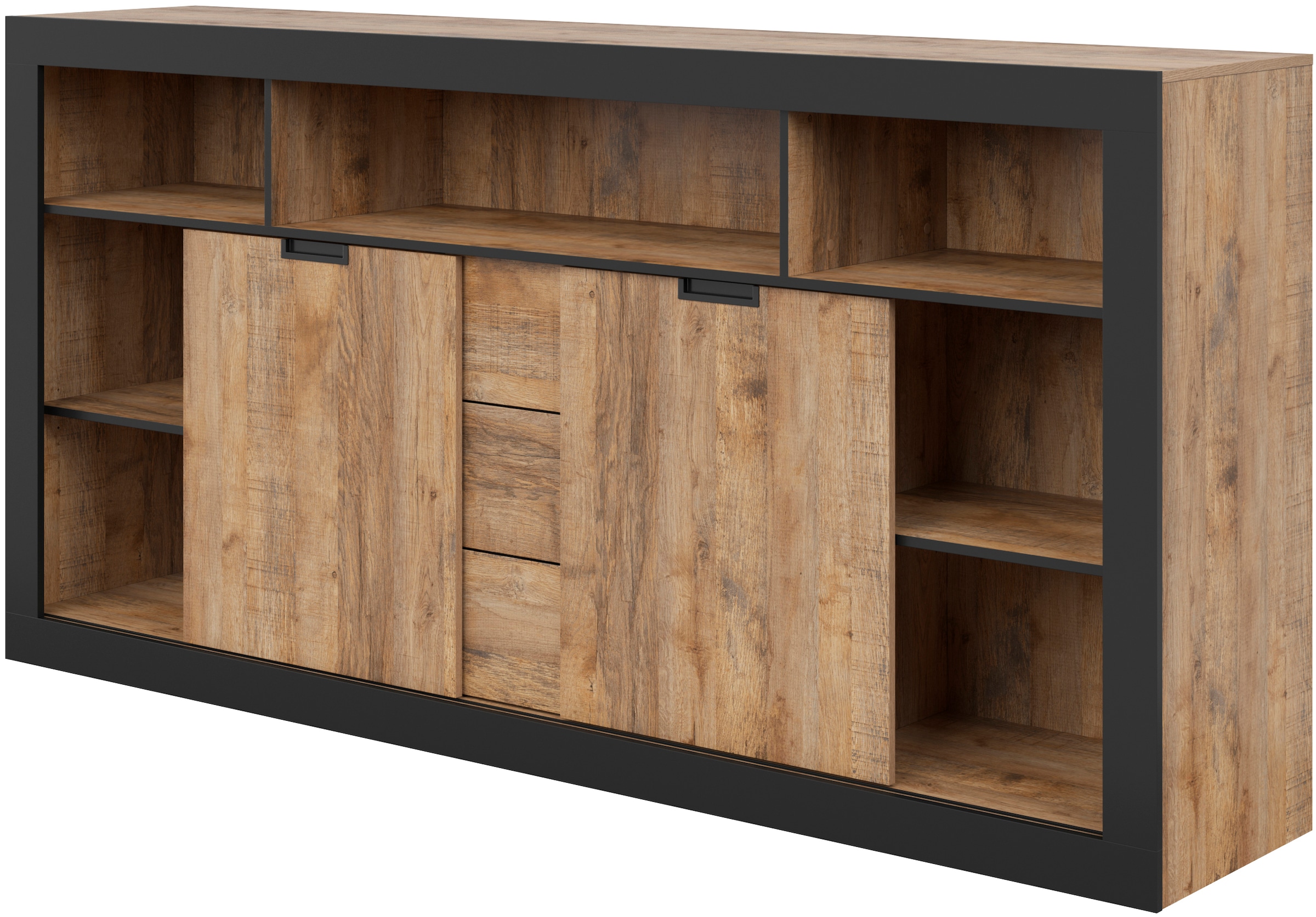 INOSIGN Highboard »Tudor, Breite 220 cm Aufbewahrungsschrank 2 Schiebetüren/3 Schubkästen«, Hochschrank, Kommode Landhausstil viel Stauraum, Böden verstellbar