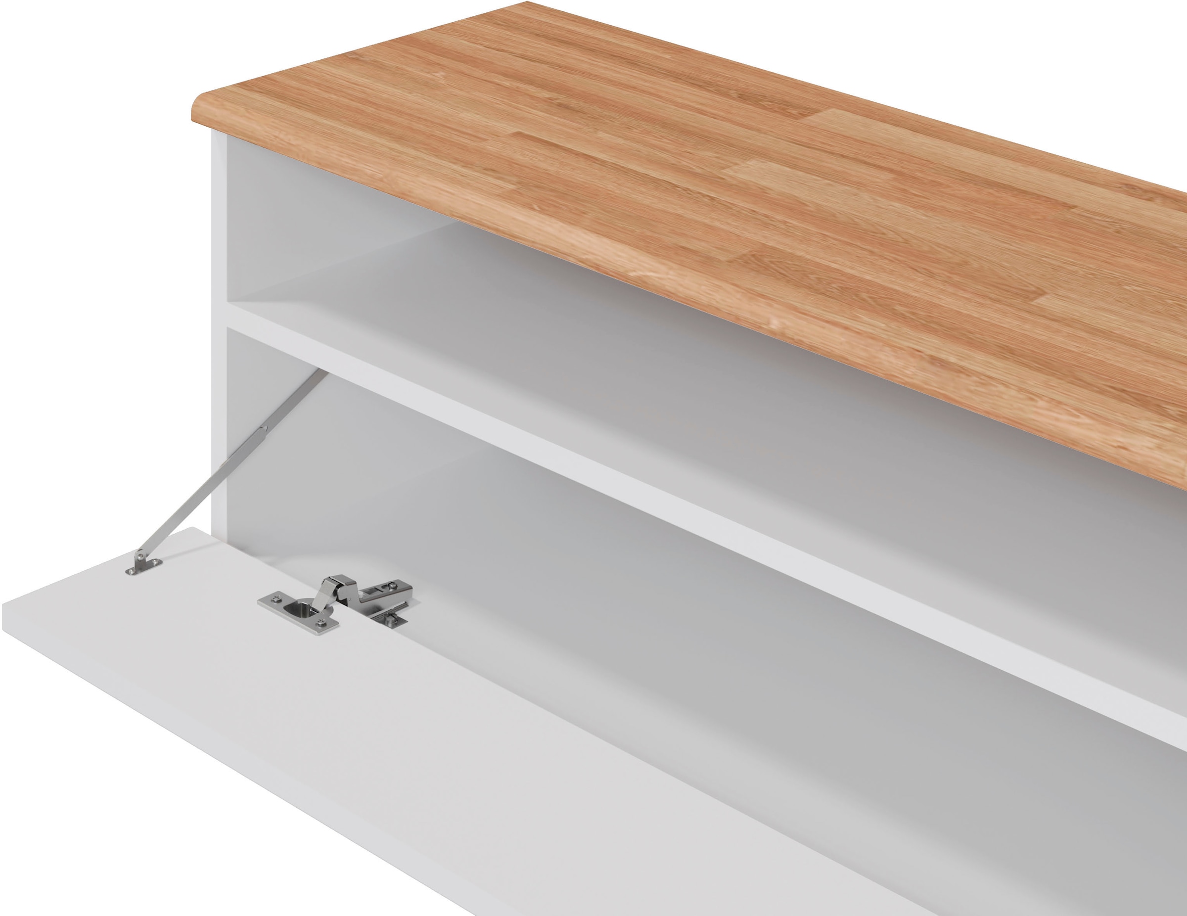 Home affaire Lowboard »Ribe,140cm breit,38cm hoch mit 2 Klappen«, Oberplatte Eiche massiv,schwarze Metall Griffe