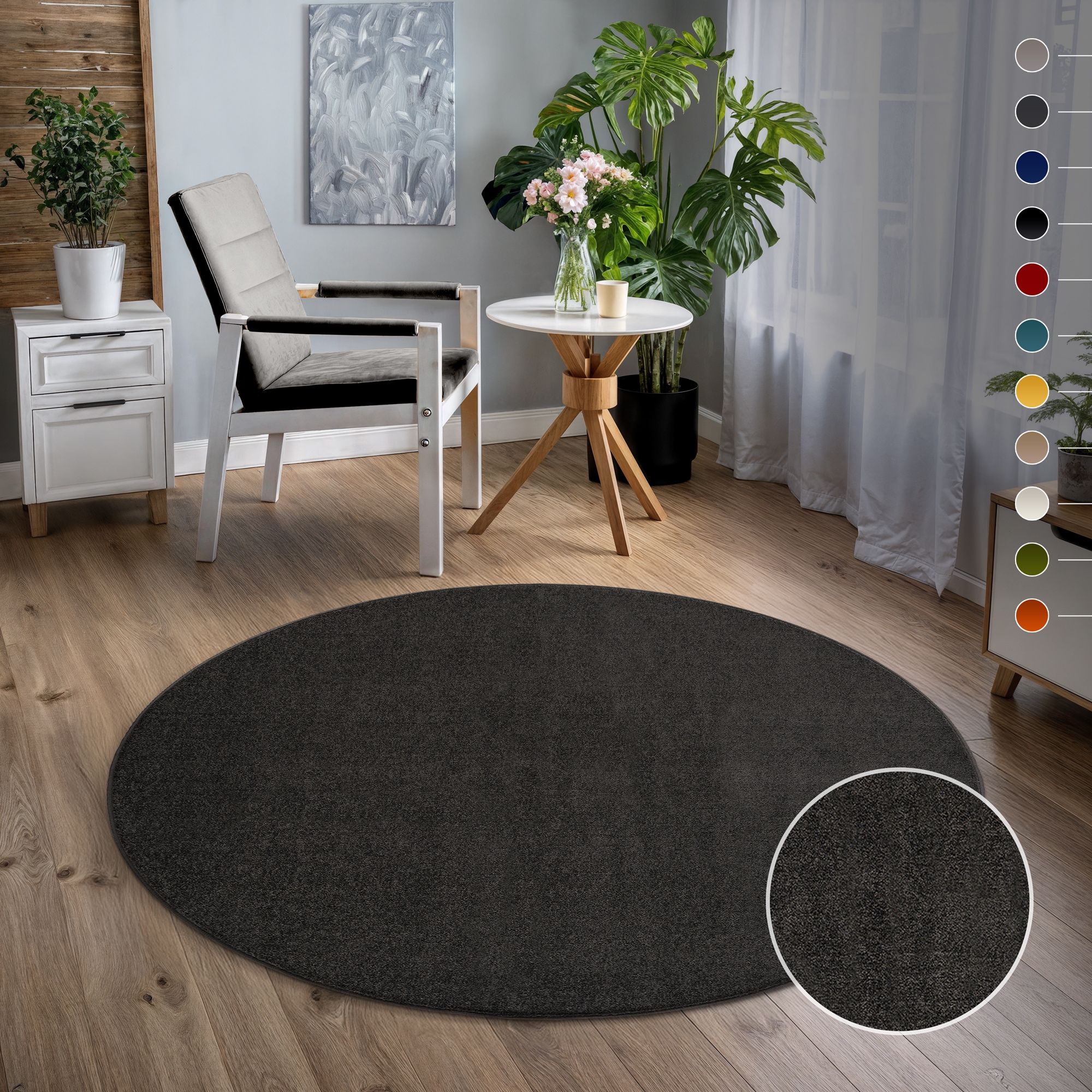 Sanat Teppich "UNI, auch als Läufer und Rund" rund 13 mm Höhe robuster Kurzflorteppich, große Farbauswahl, Wohnzimmer, alle Räume