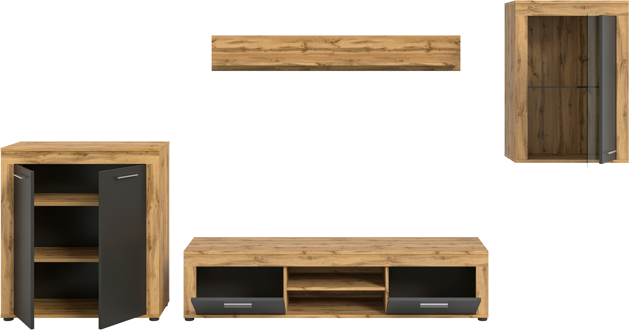 INOSIGN Wohnwand »Aosta, 4-tlg., best. aus: Highboard, Lowboard, Wandboard & Vitrine«, (4 St.), Wohnwand, Kombination, Anbauwand, Möbel Set, Schrankwand, Möbel Kombi