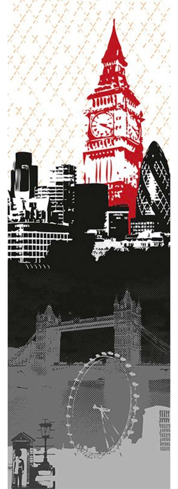 Architects Paper Fototapete "London", Grafik Tapete London Panel Grau Schwarz Weiß Rot 1,00m x 2,80m