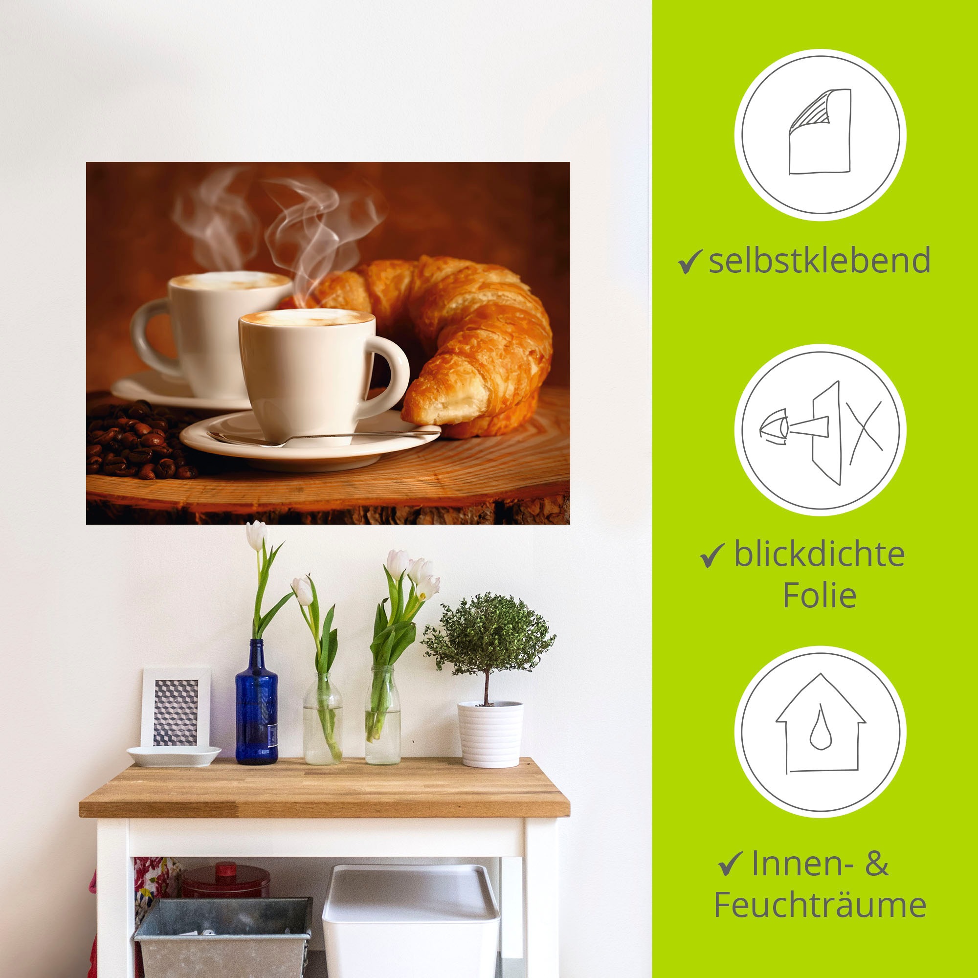 Artland Wandbild »Dampfender Cappuccino und Croissant«, Getränke, (1 St.), als Leinwandbild, Poster, Wandaufkleber in verschied. Größen