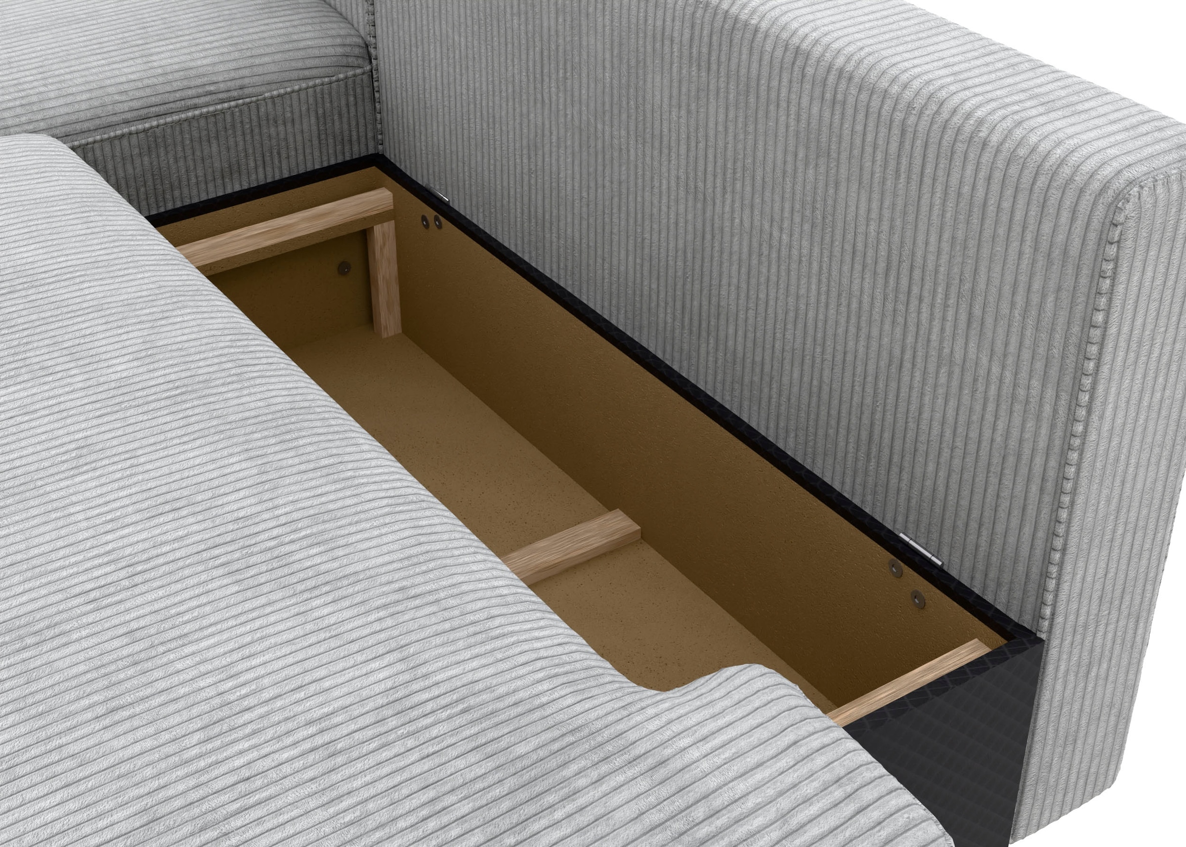 TRENDMANUFAKTUR Ecksofa »Fordon II, Schlafsofa mit Bettkasten, Couch in L-Form, Breite 250 cm«, in Cordstoff HYPER, betongrau, Armlehne links