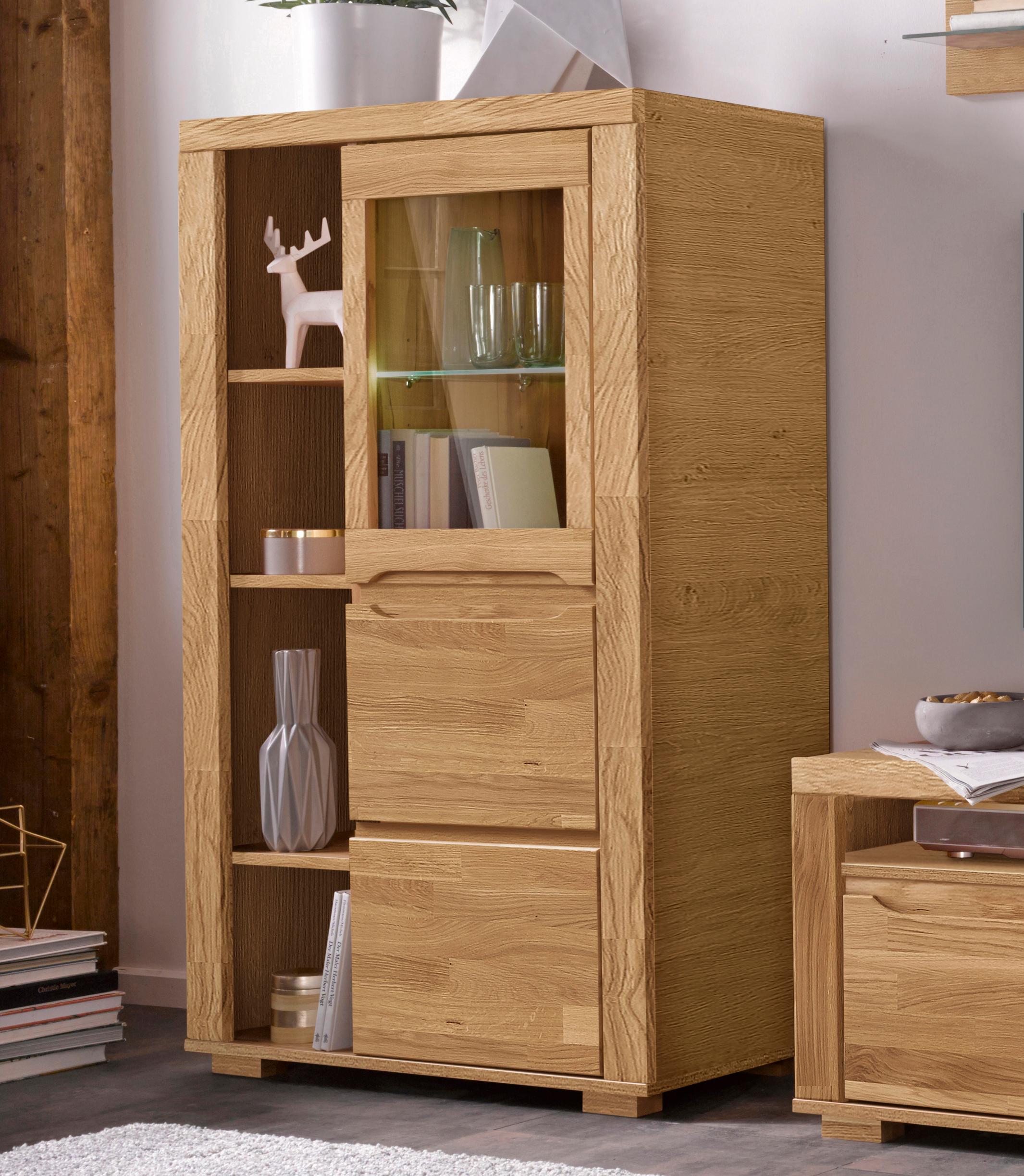 Thumbnail - Home affaire Vitrine "DENIS80,B/T/H:90/40/145cm, Front massivhozl, geölt, Stauraumvitrine" 1 Tür mit Glaseinsatz, Einleg...