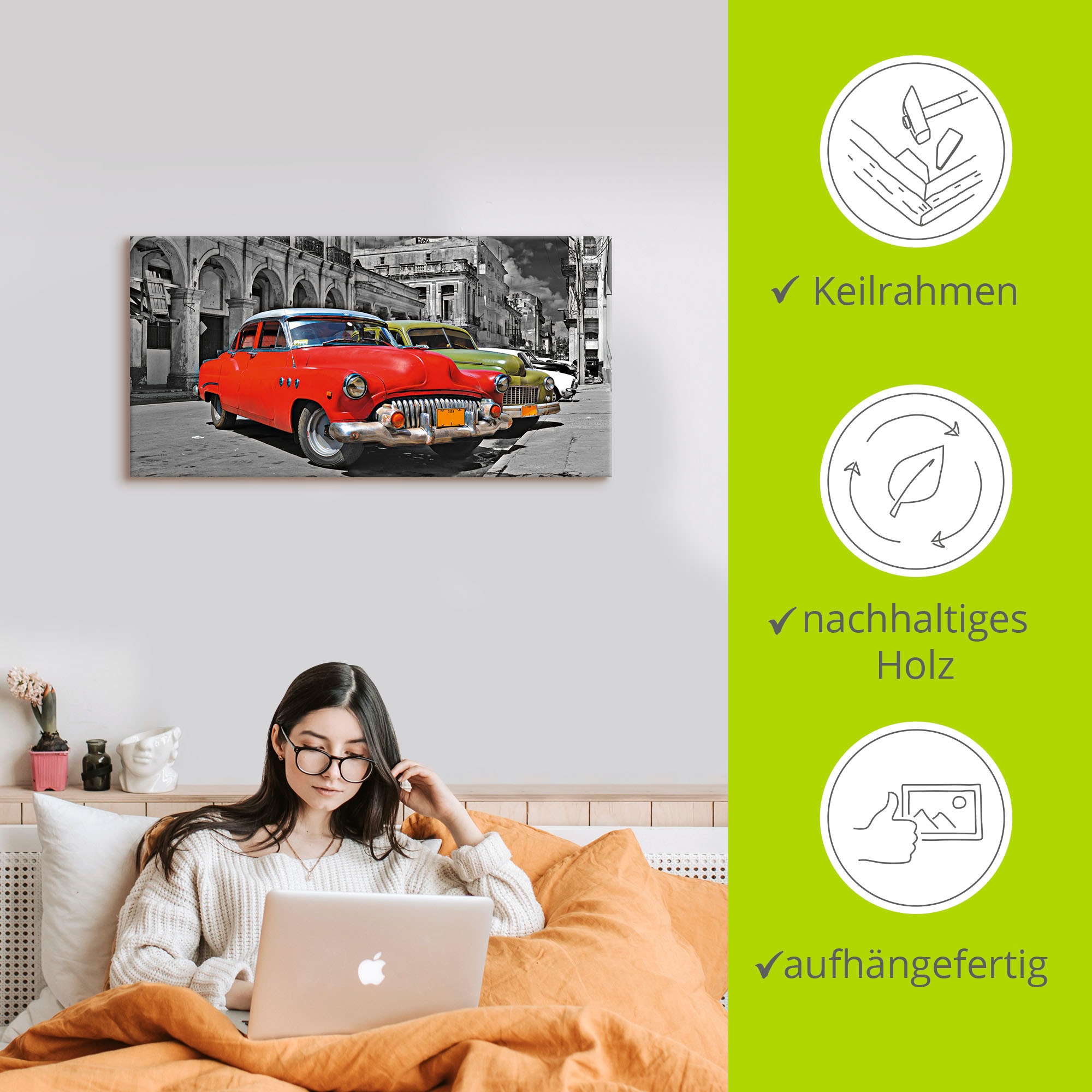 Artland Wandbild »Ansicht von bunten Havanna Autos«, Auto, (1 St.), als Alubild, Outdoorbild, Leinwandbild, Wandaufkleber, versch. Größen