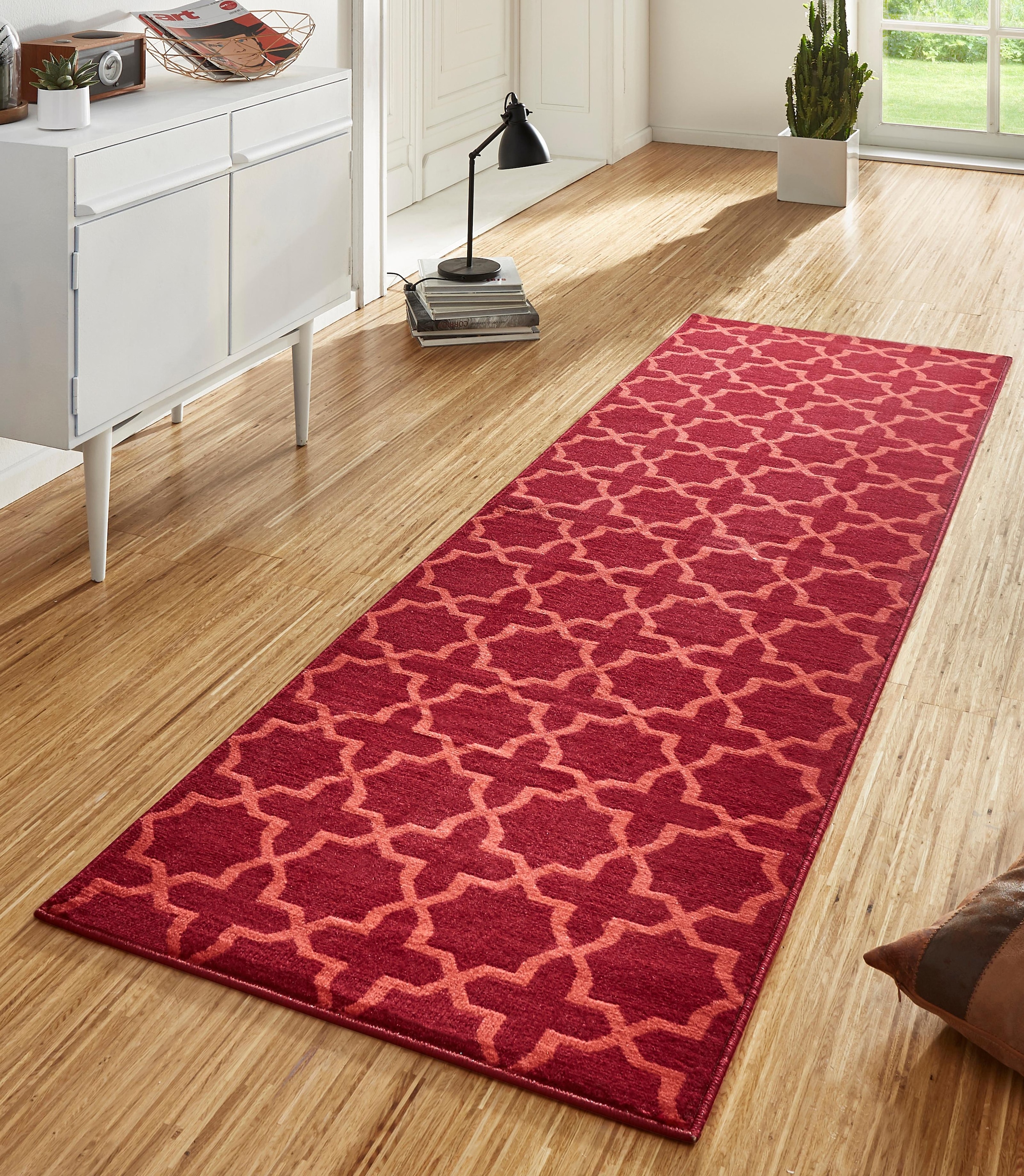 Moderner Teppich Kurzflor Wohnzimmerteppich rot auf
