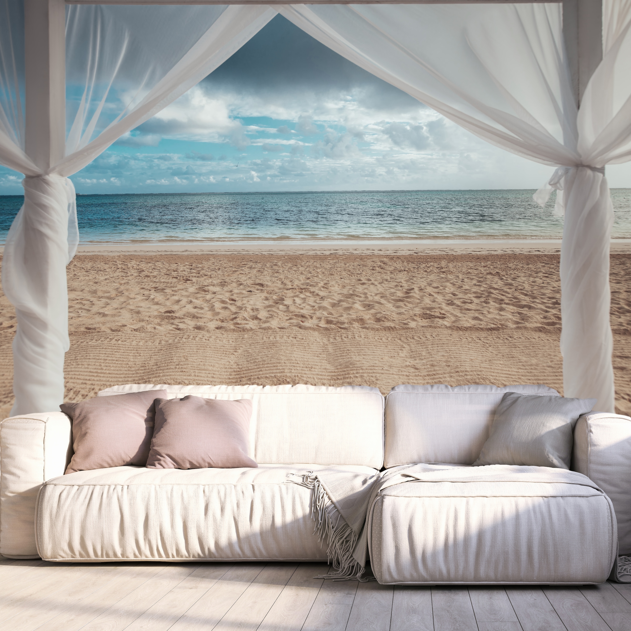 queence Fototapete "Pergola am Meer" Meer Motiv Strand bedruckt orientalisch realistisch glatt Wandpaneele, selbstklebend, Tapete, Sticker, Wanddeko, XXL-Fotomotiv