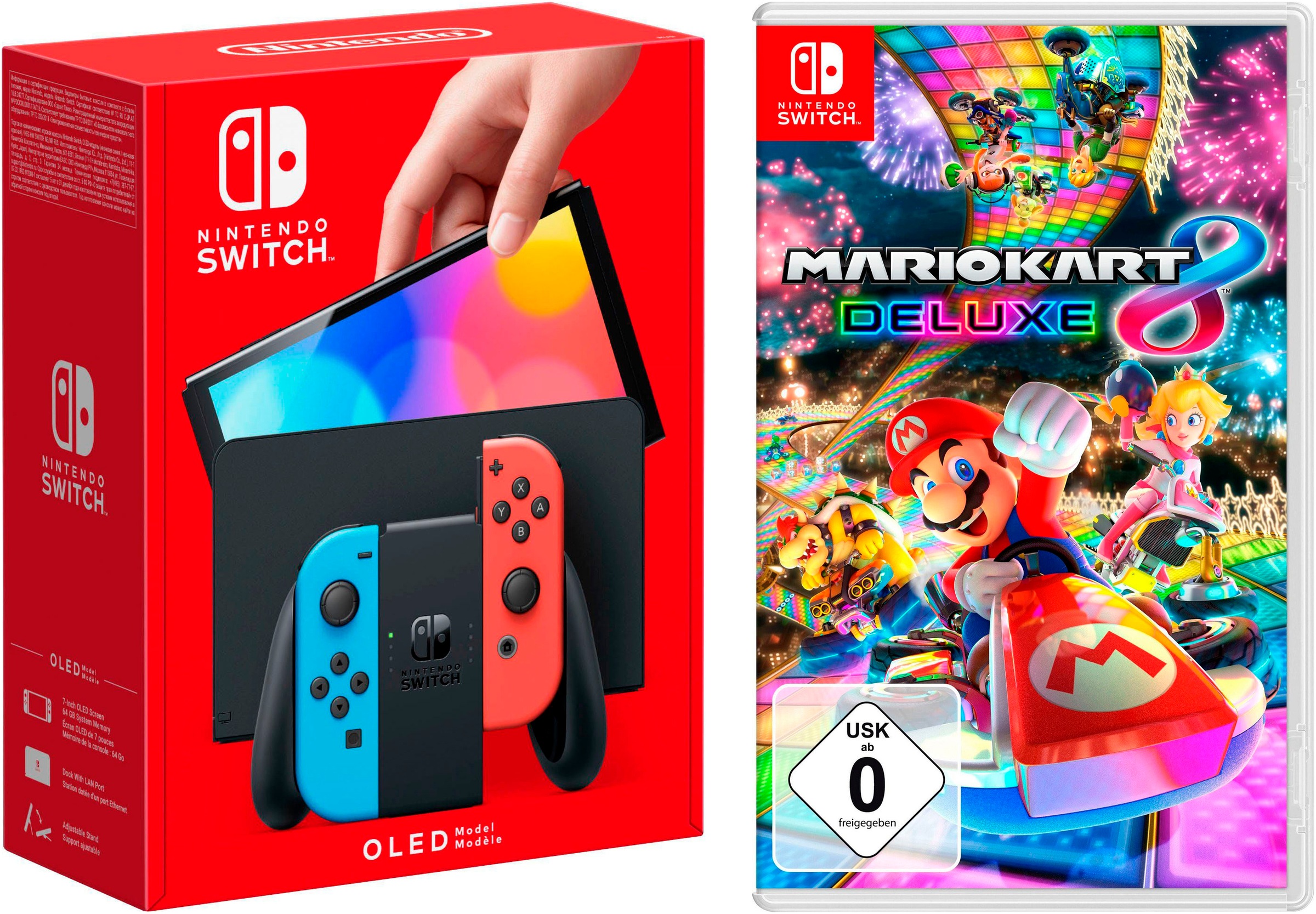 NINTENDO SWITCH Konsolen-Set "OLED Neon + Mario Kart 8 Deluxe", B:24,2cm H:1,39cm T:10,2cm, bunt, Spielekonsolen