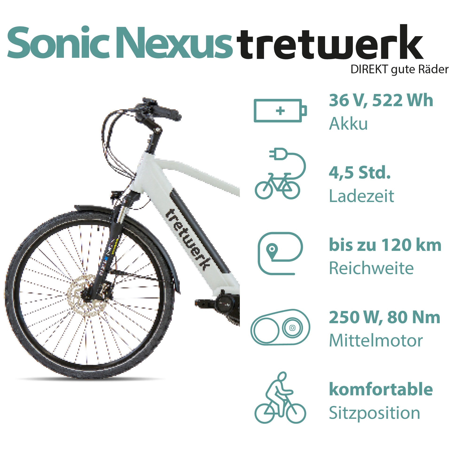 Thumbnail - Tretwerk "Sonic Nexus" 7 Gang Nabenschaltung Mittelmotor 250 W Pedelec, Elektrofahrrad für Damen u. Herren