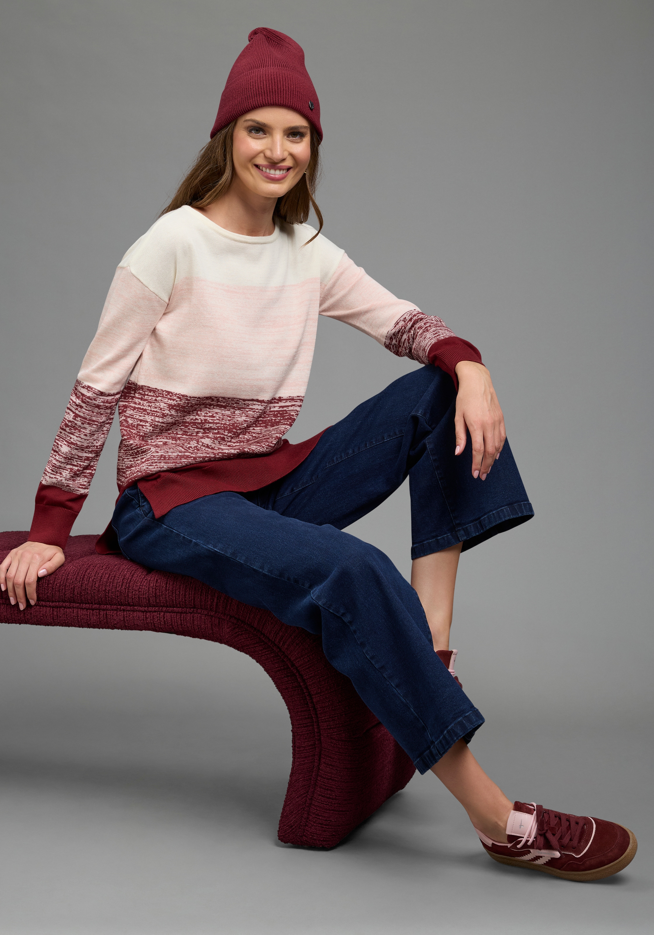 Laura Scott Strickpullover »mit breiten, melierten Streifen« aus Feinstrick, figurumspielende Passform