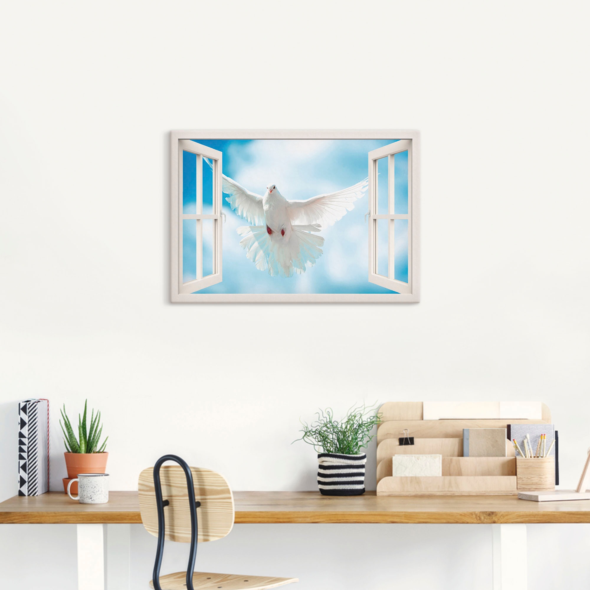 Artland Wandbild »Fensterblick Taube vor der Sonne«, Vögel, (1 St.), als Leinwandbild, Wandaufkleber in verschied. Größen
