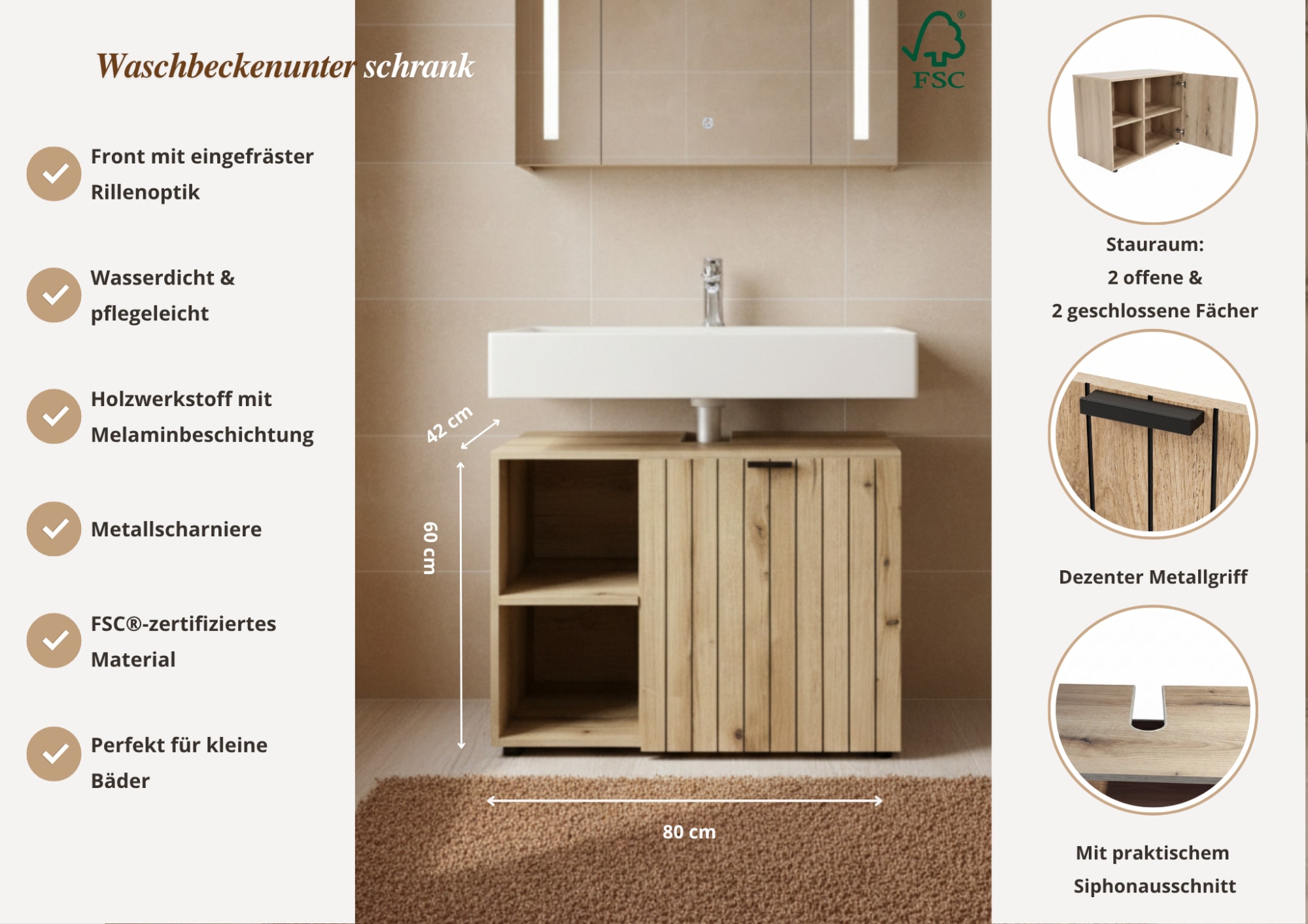 OTTO home Waschbeckenunterschrank »Amrum« Breite 80 cm dekorative Lamellenoptik