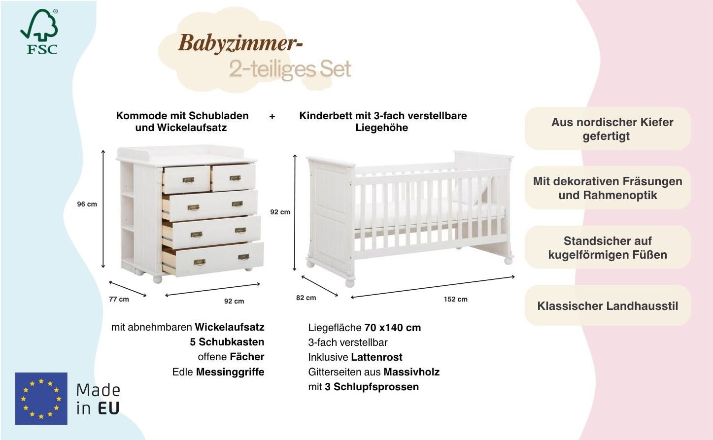 Thumbnail - OTTO home Babyzimmer-Komplettset "Aimo, luxoriöser Landhausstil, Messinggriffe," Spar-Set, Kinderbett, Wickelkommode, Un...