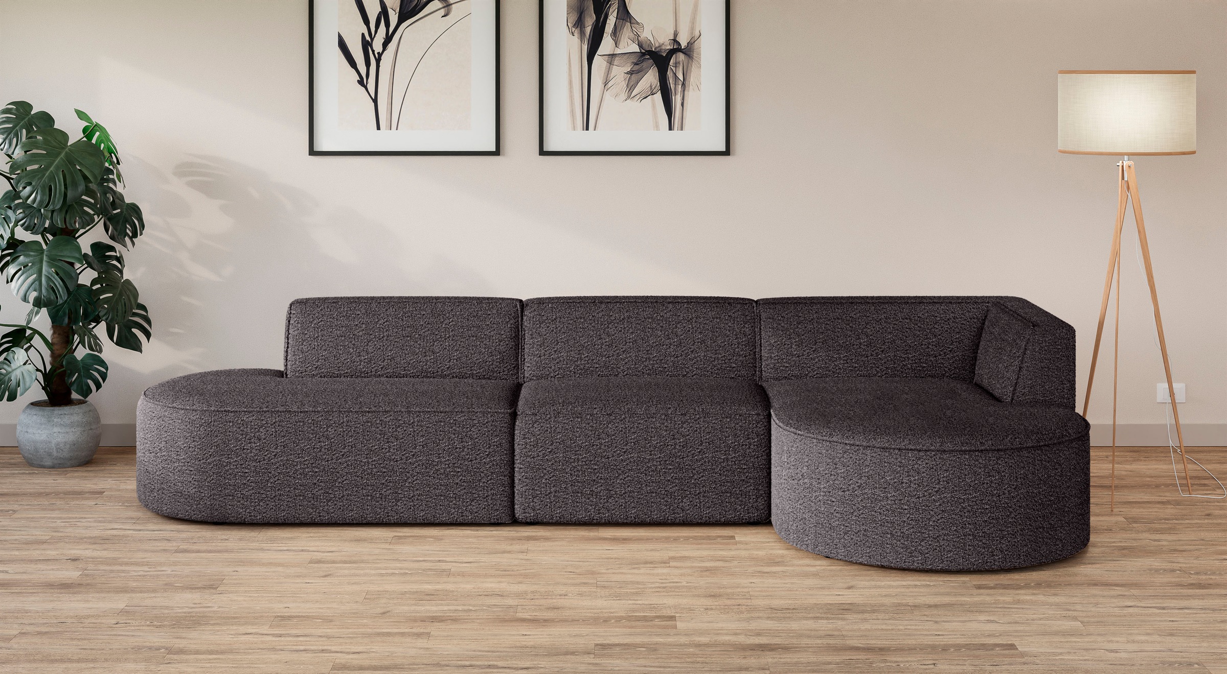 andas Ecksofa »EIVIND Designer Sofa mit Ottomane rechts/links, B/T/H: 343/159/72 cm«, L-Form mit Wellenunterfederung, auch in Feincord und Bouclé