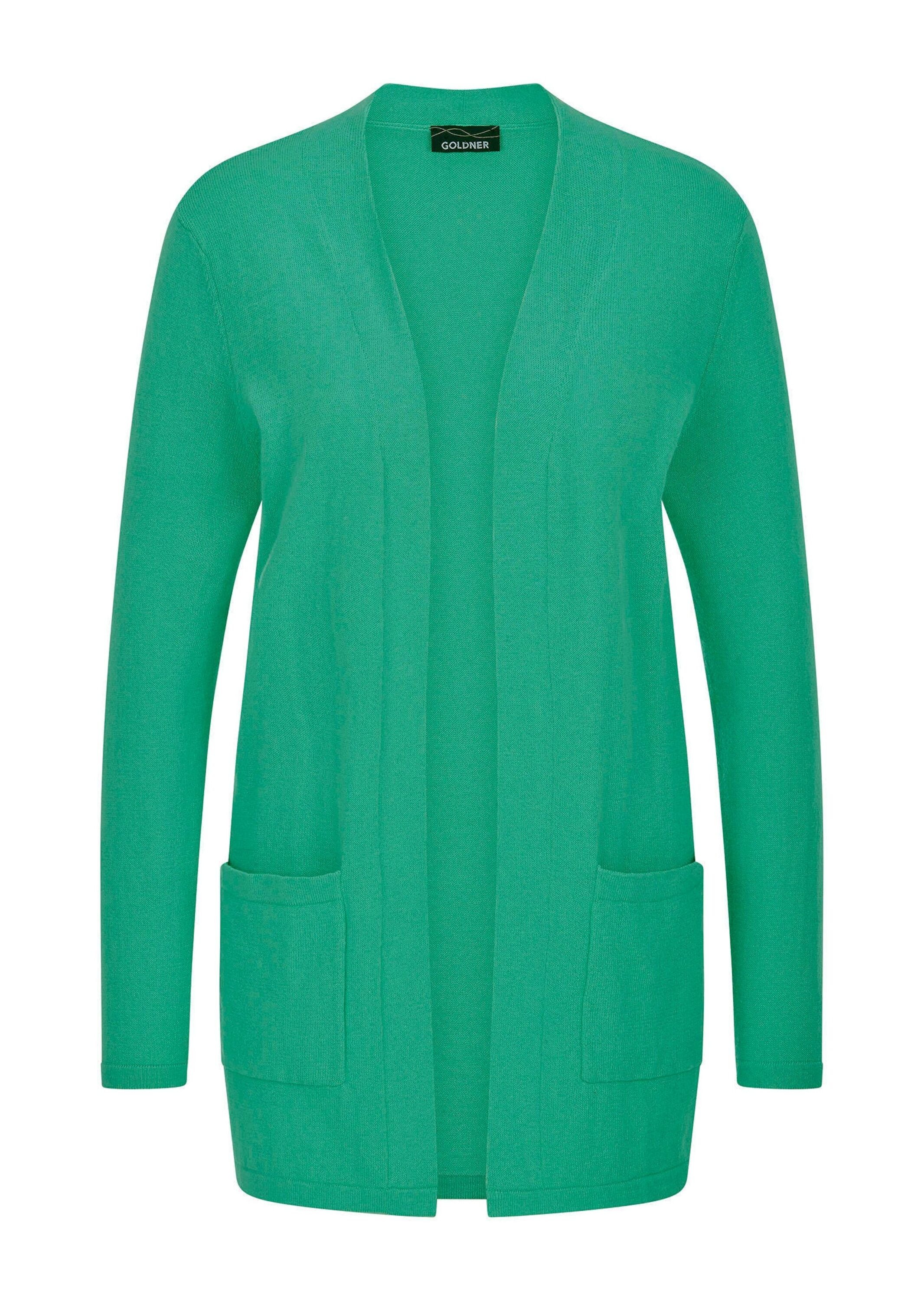 GOLDNER Damen Strickjacke "Kurzgröße Elegante Strickjacke mit Kaschmir", grün, Gr. 25, Obermaterial: 95% Baumwolle CO. 5% Kaschmir WS., Strickjacken,