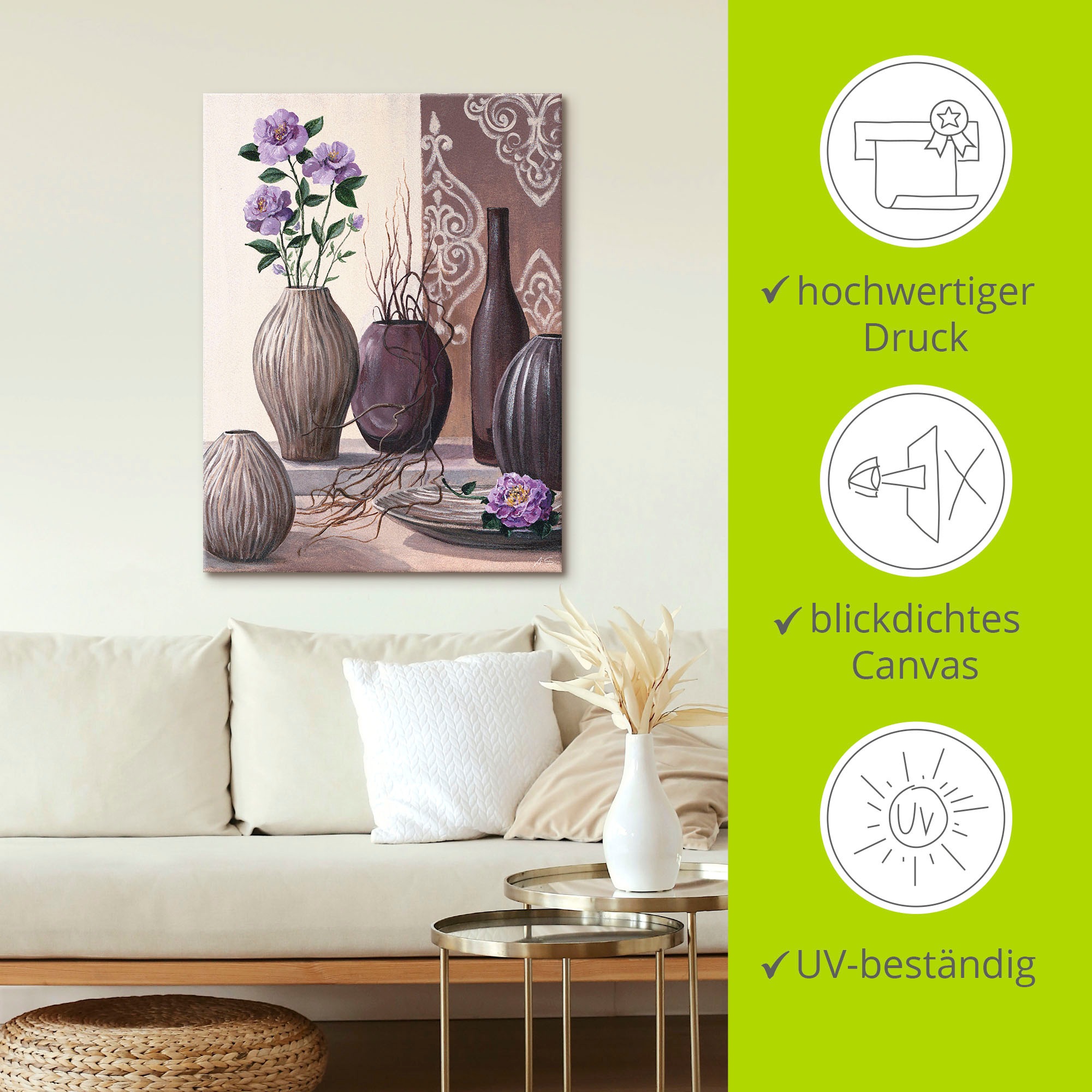 Artland Wandbild »Violette Rosen und braune Vasen«, Vasen & Töpfe, (1 St.), als Leinwandbild in verschied. Größen