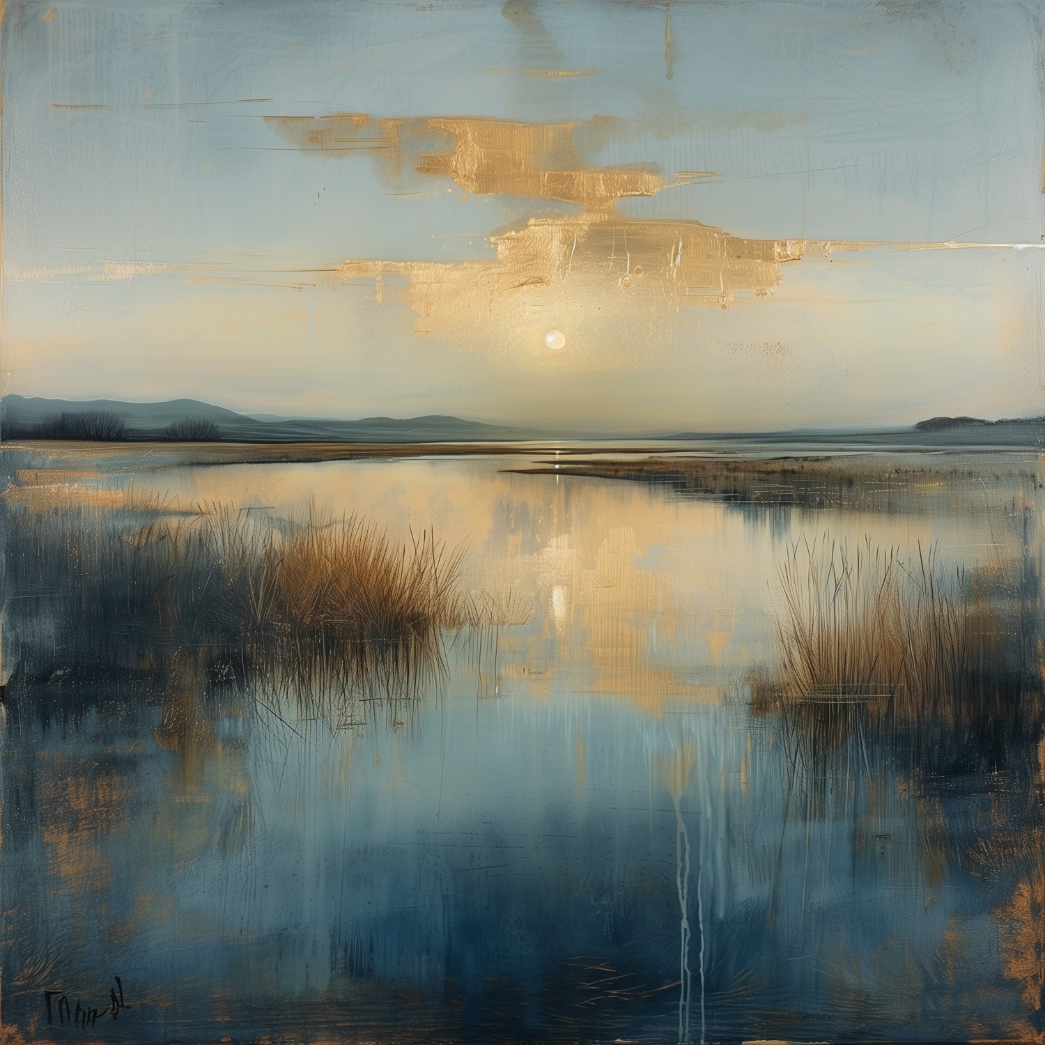 queence Acrylglasbild "Gräser im See mit goldenen Wolken" Abstrakt  Abstrak günstig online kaufen