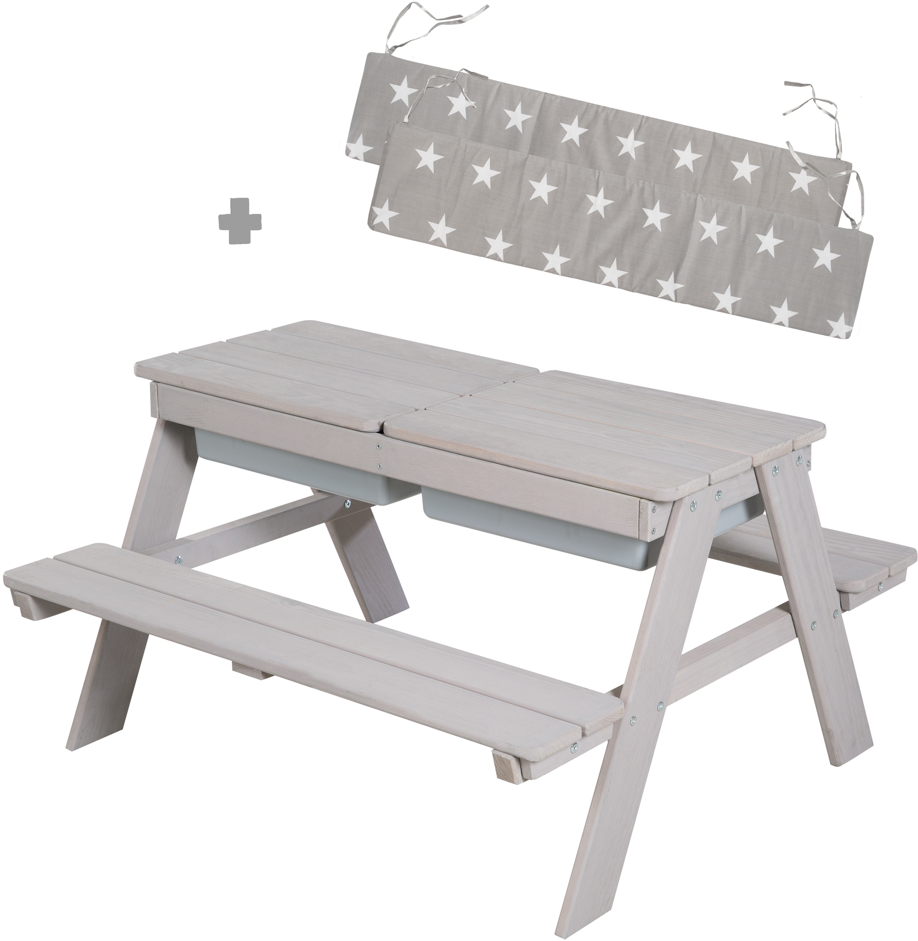 Kindersitzgruppe ROBA "Picknick for 4 Outdoor + mit Spielwannen, Grau", grau, Sitzmöbel-Sets, Kinder, B/H/T: 89cm x 50cm x 85,5cm, Kindersitzgarniturmit Spielwannen und 2 Sitzauflagen, Massivholz, mit abgerundeten Ecken; inklusive Sitzauflagen Â»Little St