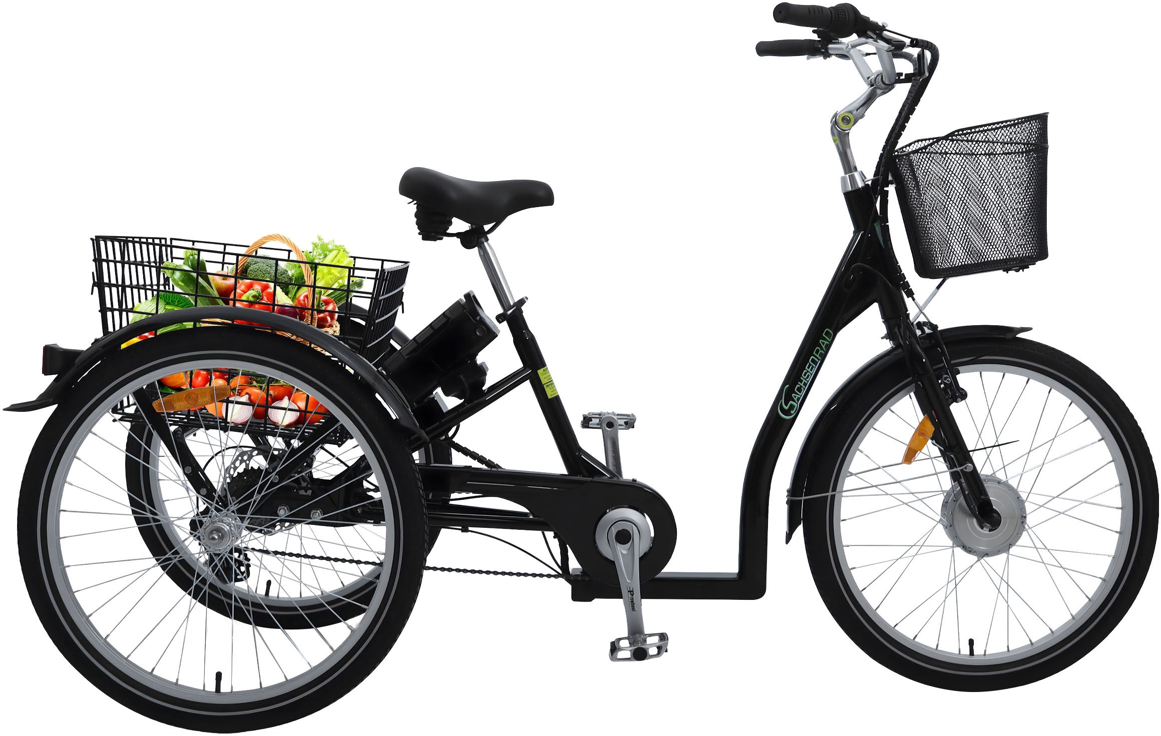 SachsenRad E-Bike »T3A«, 7 Gang, Shimano, Shimano 7-Gang-Kettenschaltung, Frontmotor 250 W, (LED-Frontlicht, Alarmrücklicht mit Bremslicht, Ledersattel, 3-Räder), Lastenkorb, Lenkerkorb, LCD-Steuer-
display, Fahrmodus Pedelec