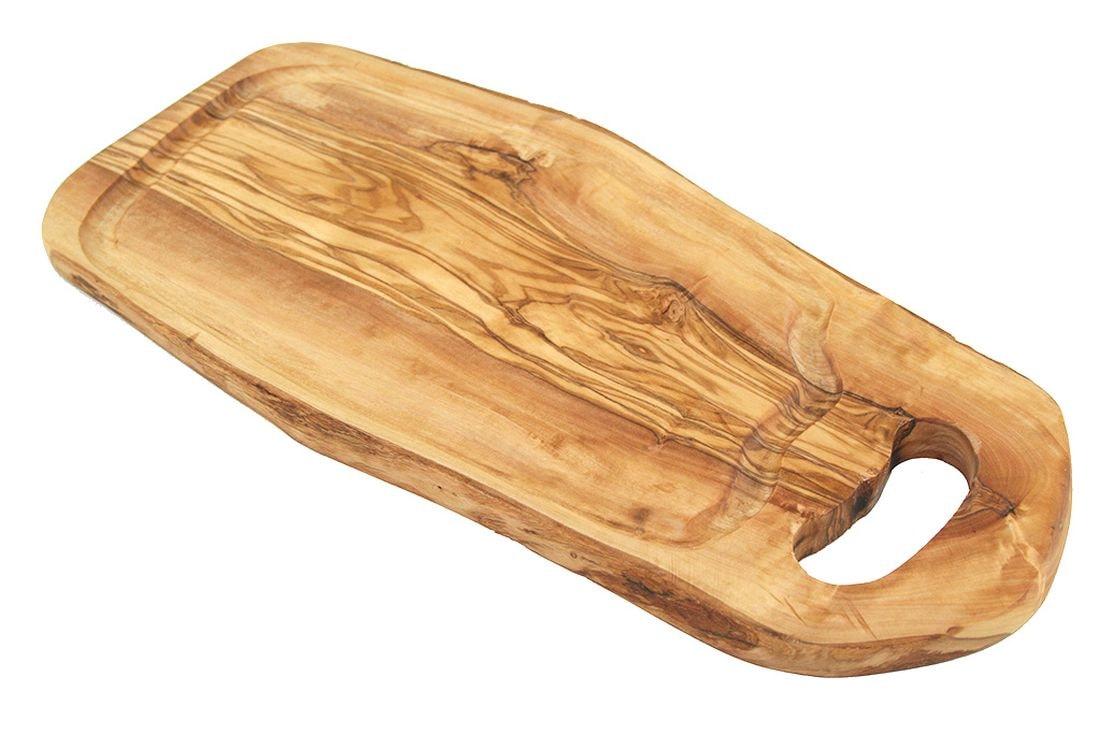 Olivenholz-erleben Servierbrett »mit Grifflasche aus hochwertigem naturbelassenem Olivenholz«, (1 St.), Brett zum Wenden, Seite mit Saftrille, glatte Seite, mit Grifflasche