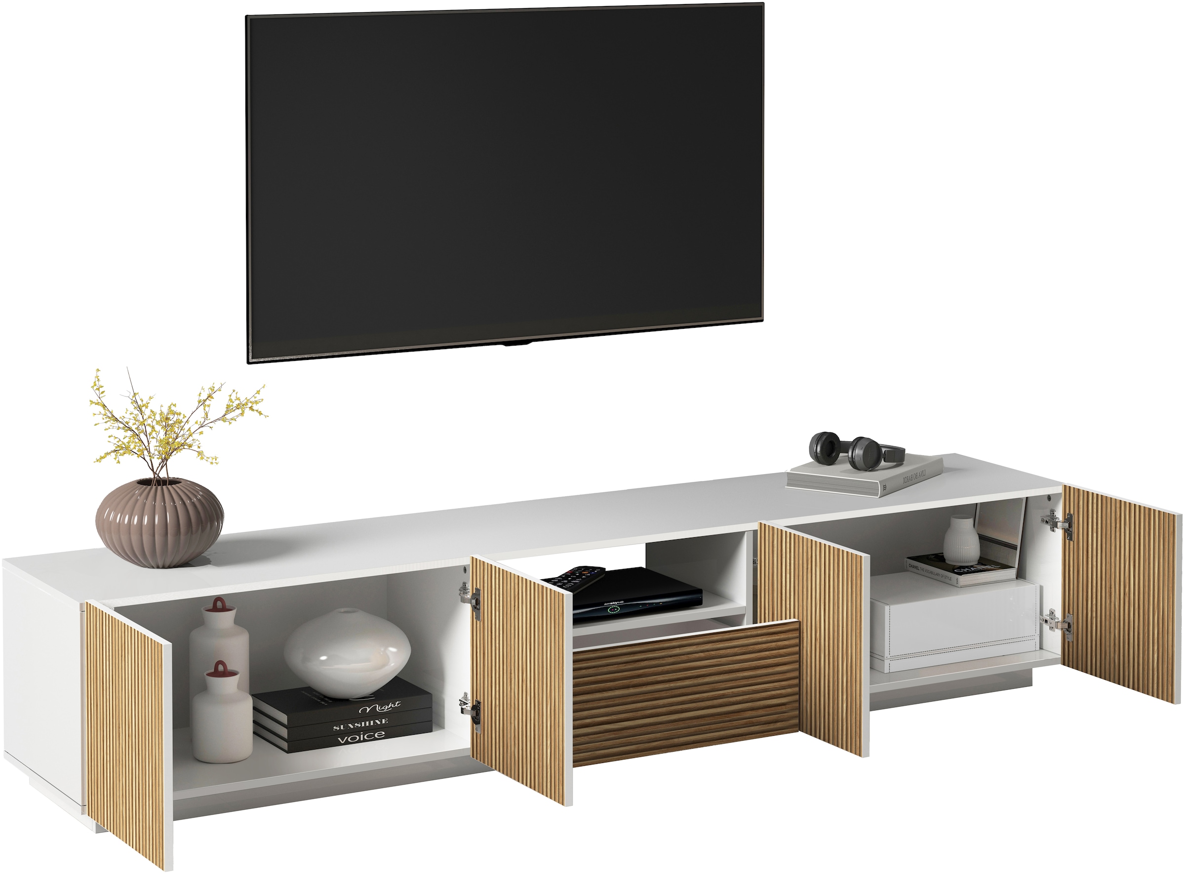 INOSIGN Lowboard »Vega,Lowboard,TV Board,TV Schrank,220 cm«, mit 4 Türen und 1 Schublade,Fronten mit Rillen-Optik