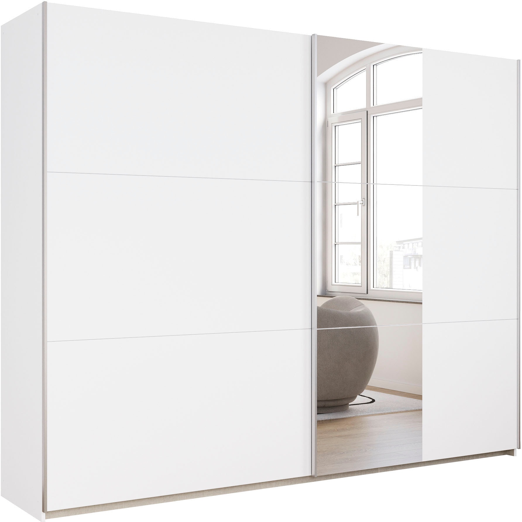 rauch Schwebetürenschrank "Kleiderschrank Drehtürenschrank Schrank Garderobe KRONACH" in 3 Ausstattungen BASIC/CLASSIC/PREMIUM, Breiten 131/175/218/261 cm, optional ohne, mit 1 oder 2 Spiegel, viel Stauraum MADE IN GERMANY