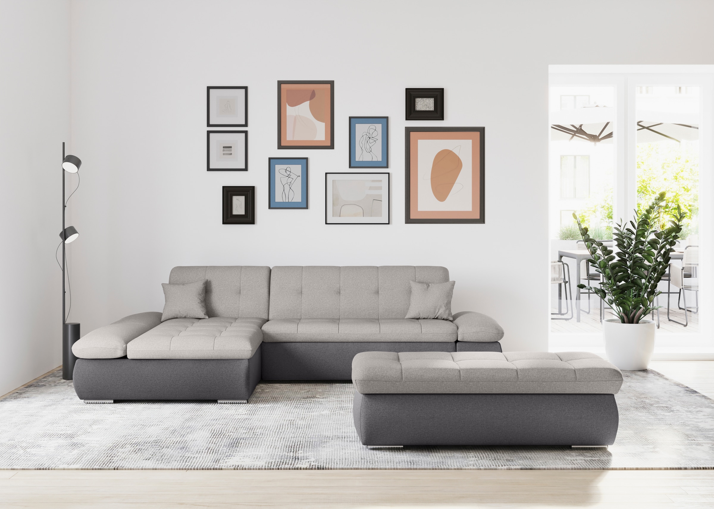 DOMO collection Ecksofa »Moric, L-Form, XXL-Sofa - Breite 300cm«, wahlweise mit Bettfunktion und Armteilverstellung, grau-silber