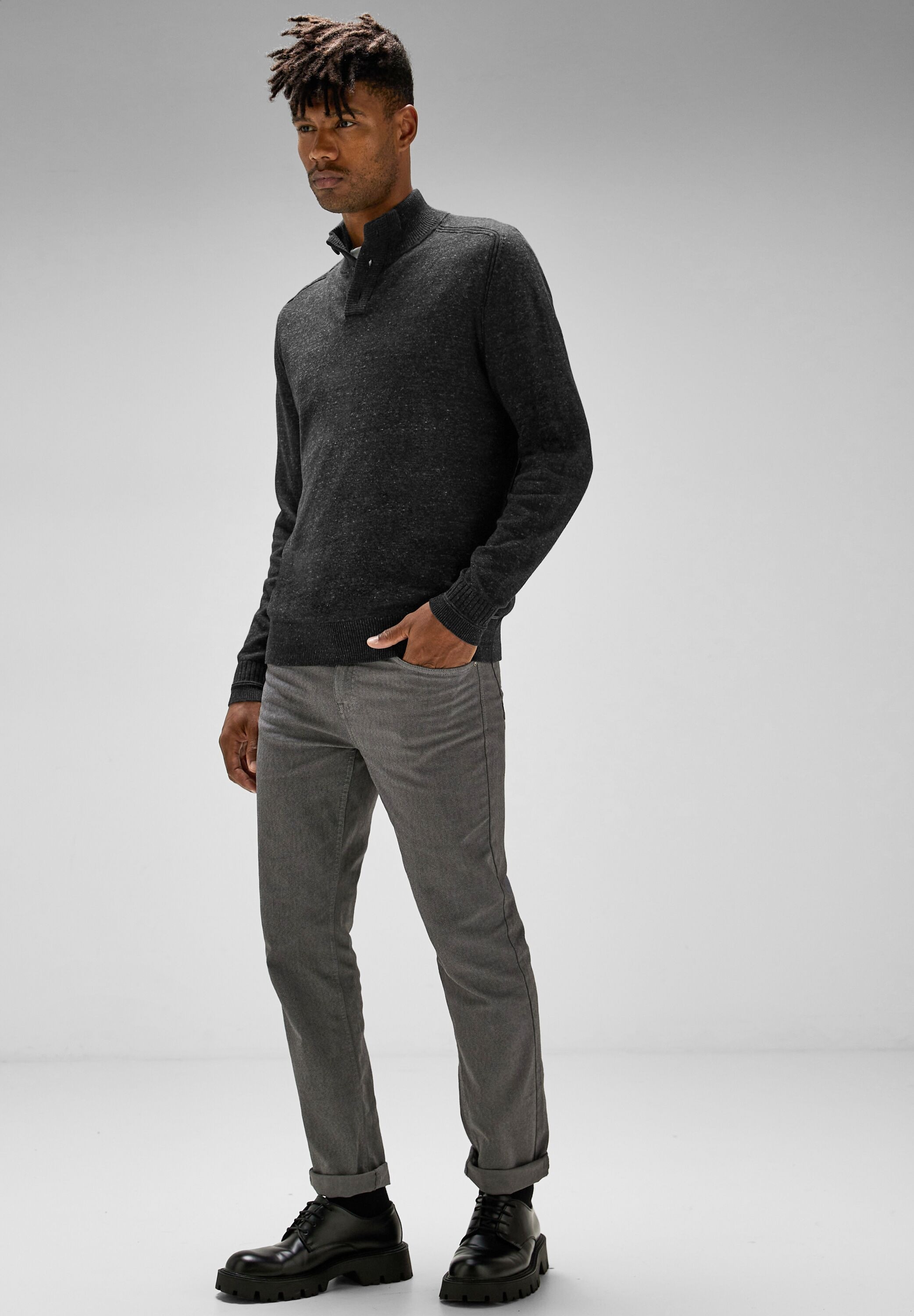 STREET ONE MEN Stehkragenpullover, mit Knopfreihe
