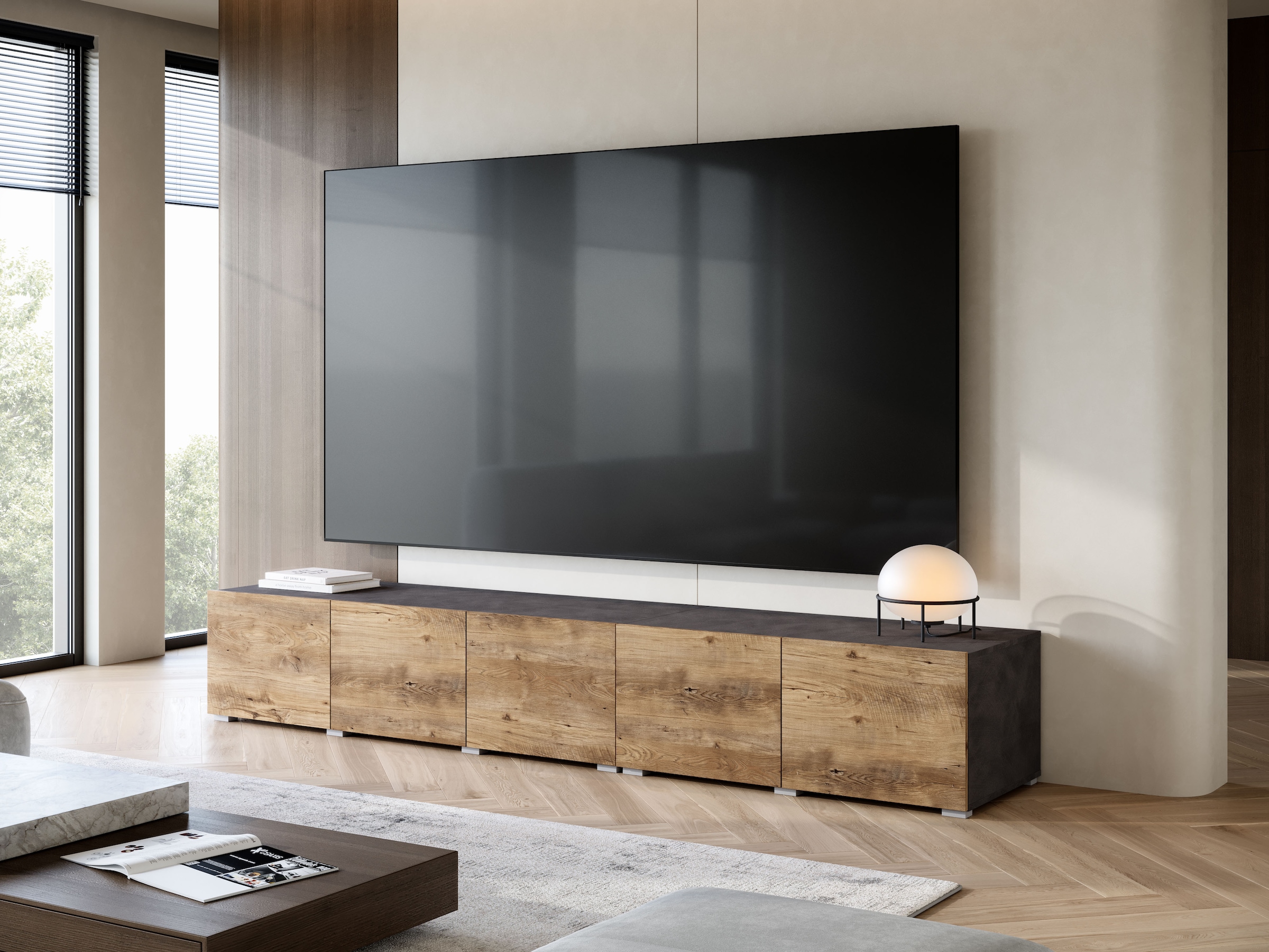 OTTO home Lowboard »Denver 250 cm für bis zu 98-Zoll TVs - Weltmeisterschaft im XXL Format« Wahlweise mit oder ohne offenes Fach in der Mitte