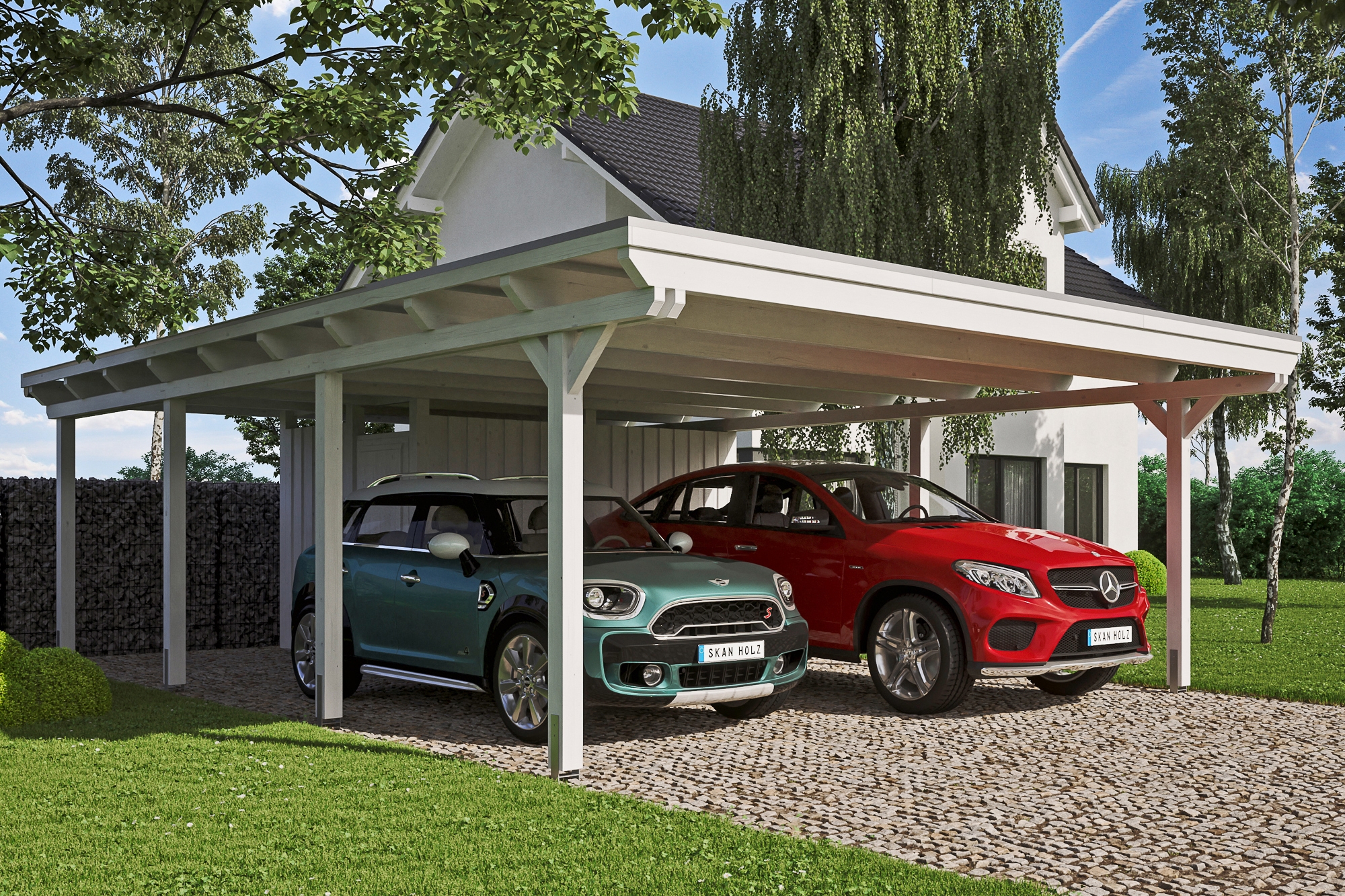 Skanholz Doppelcarport "Emsland" Massivholz 550 cm weiß mit Abstellraum, in versch. Farben
