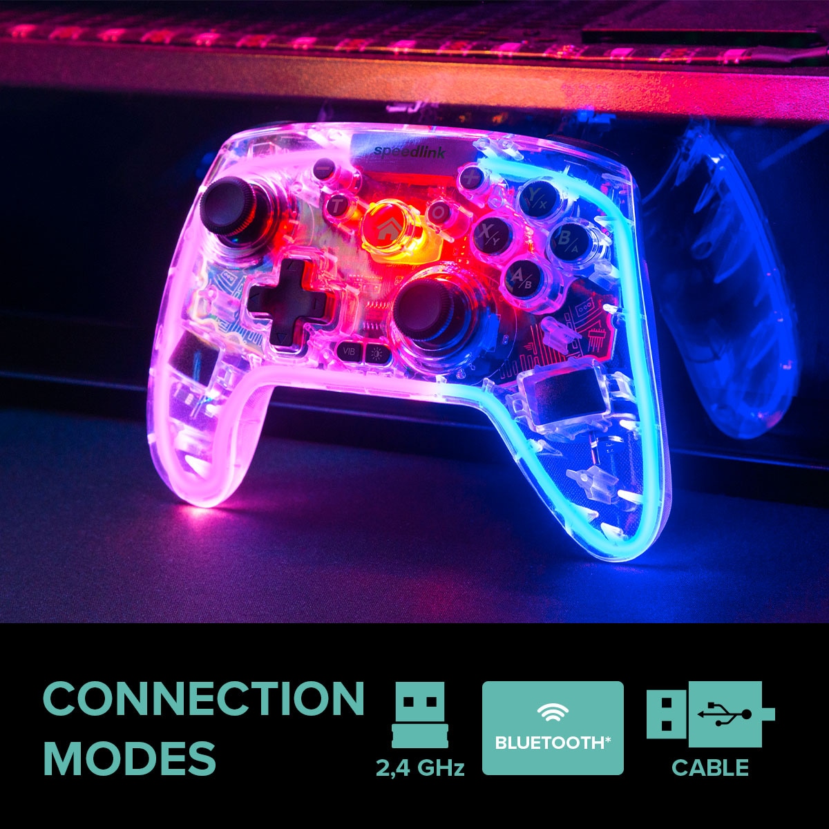 Speedlink Gaming-Controller »RAIT NX RGB - kabelloses Gamepad für PC/Android/Switch OLED/Lite«, RGB-Beleuchtung, Hall Effekt Sensoren, Makro-Tasten, Turbofunktion