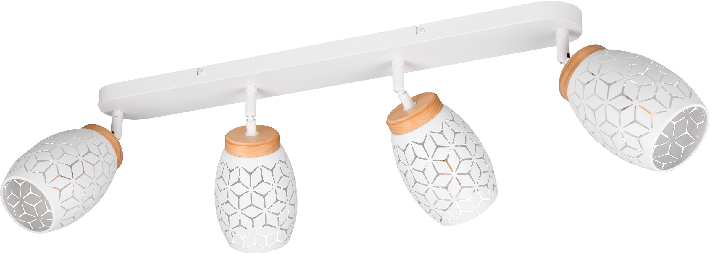 REALITY Leuchten Deckenstrahler »BIDAR 4-flammig, exkl 4x E14 max 10W, Deckenlampe Spots verstellbar«, 4 flammig, Leuchtmittel E14 | Leuchtmittel wechselbar, Metall-Lampenschirm mit Lasercut Muster und Holz-Dekoelementen
